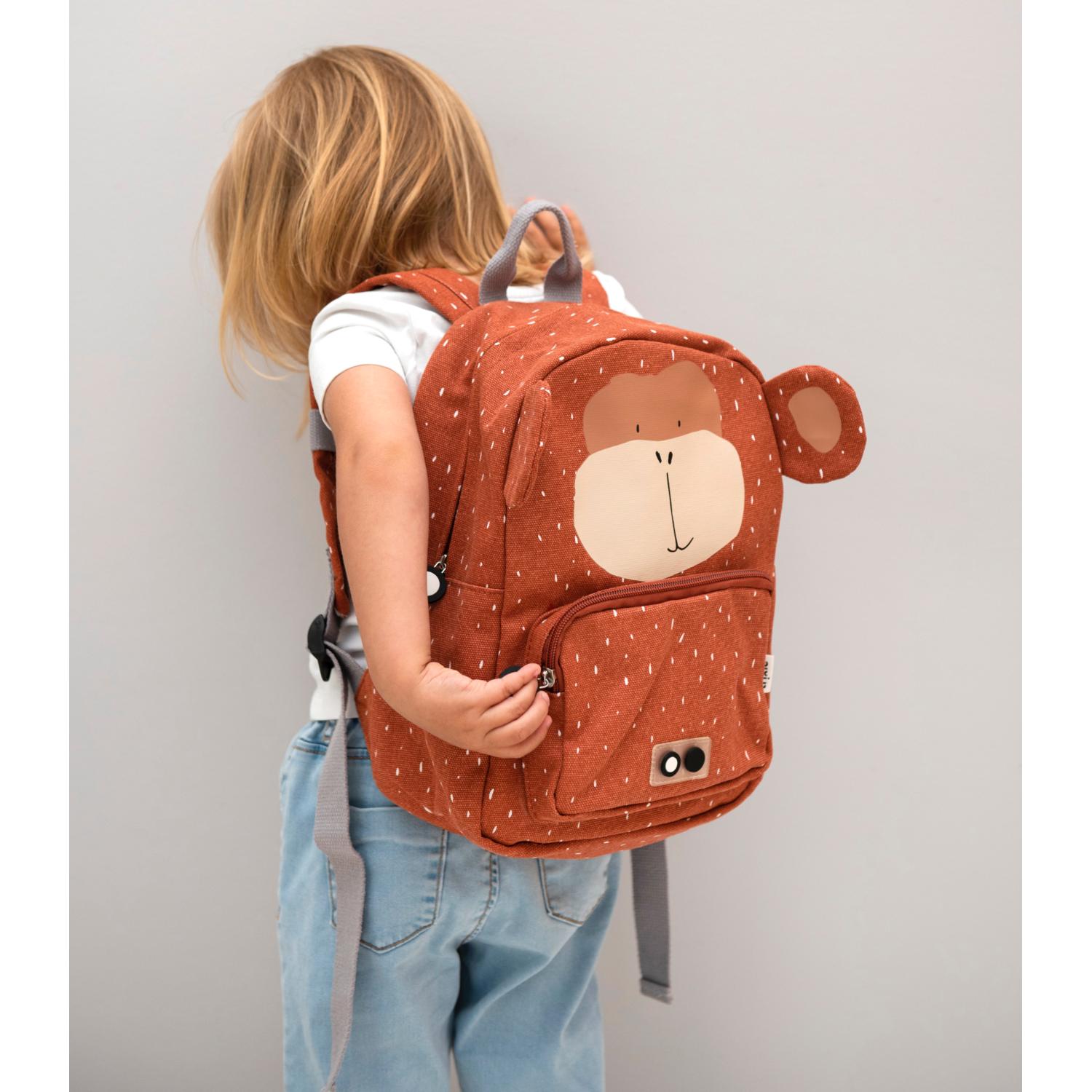 Trixie Mr. Monkey Backpack | Kid’s Backpack for Creche, Nursery & School | Lifestyle: Child with Backpack - Side View | BeoVERDE.ie