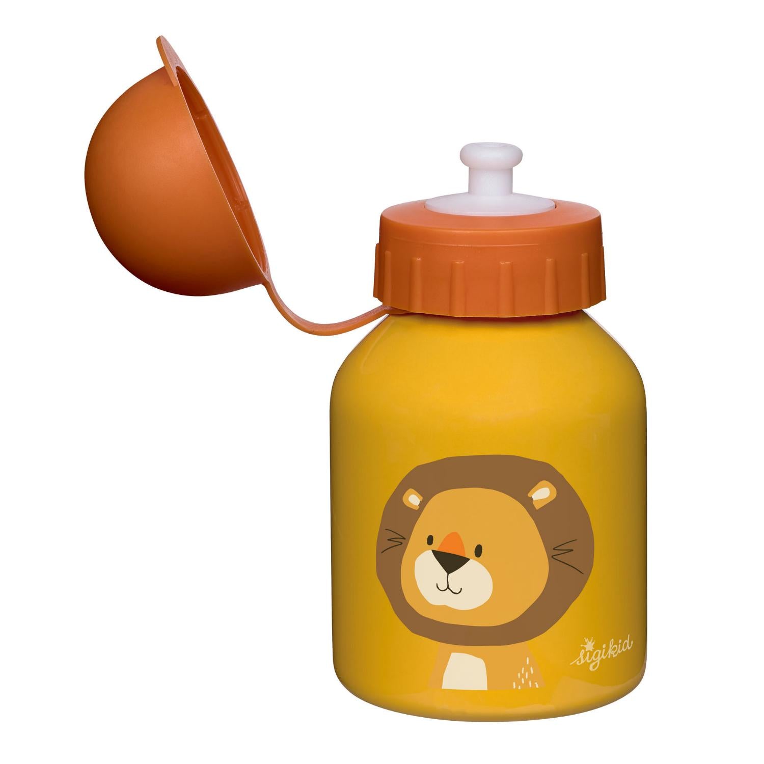 Sigikid Tiny Lion | Kids Water Bottle Stainless Steel | 250 ml | Front View – Cap Open | BeoVERDE.ie