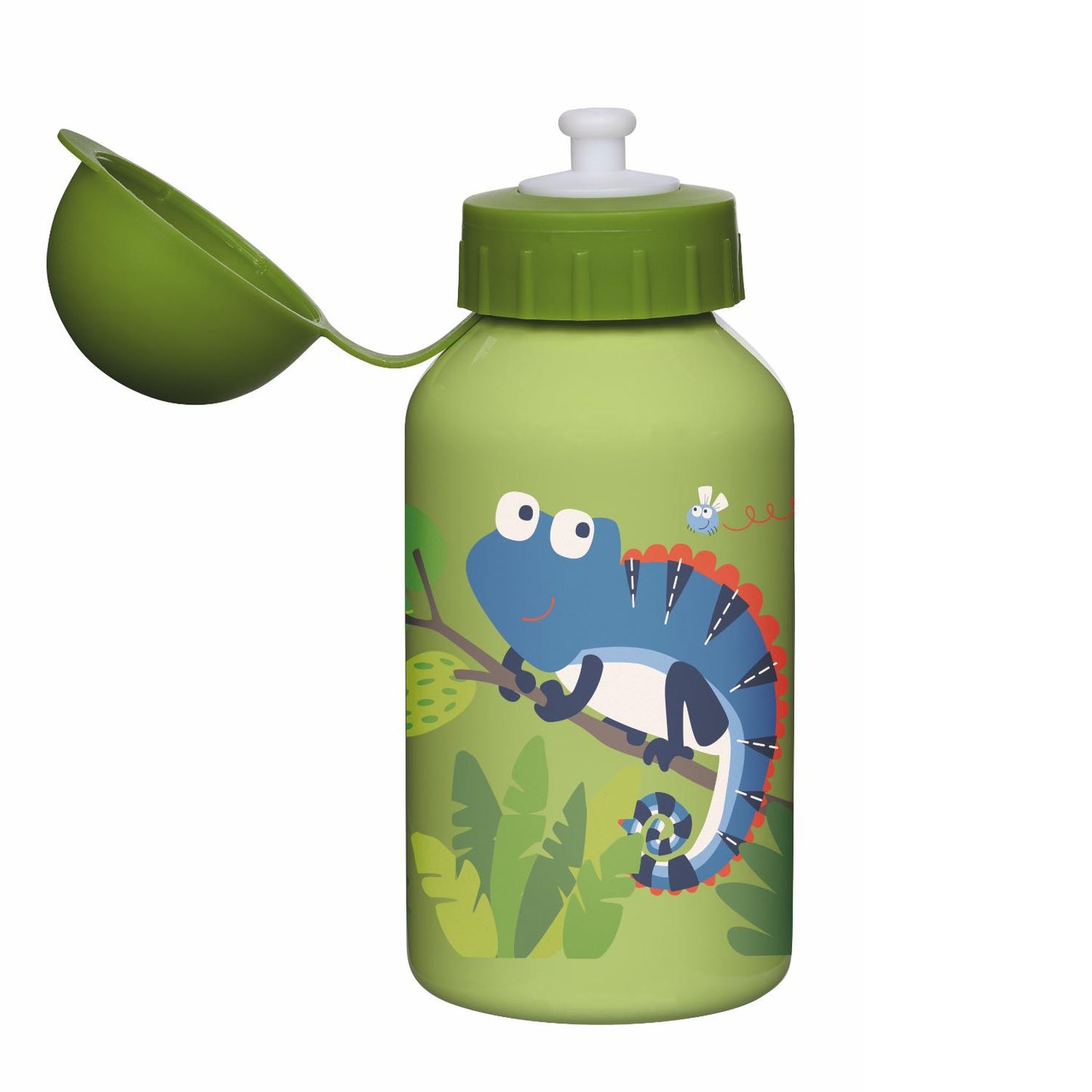 Sigikid Chameleon Kids Water Bottle | Stainless Steel | 350 ml | Front View – Cap Open | BeoVERDE.ie