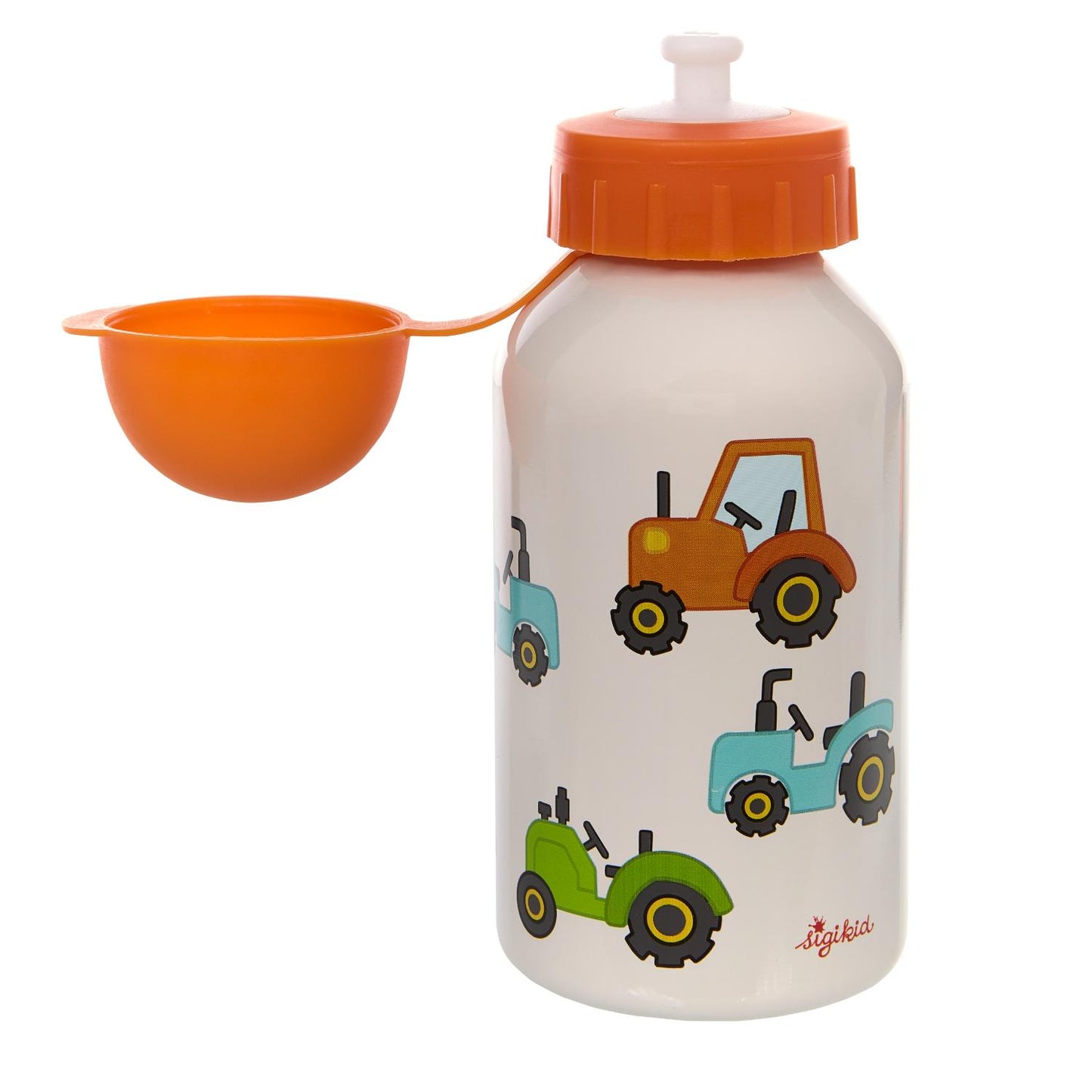 Sigikid Tractors Kids Water Bottle | Stainless Steel | 350 ml | Front View – Cap Open | BeoVERDE.ie