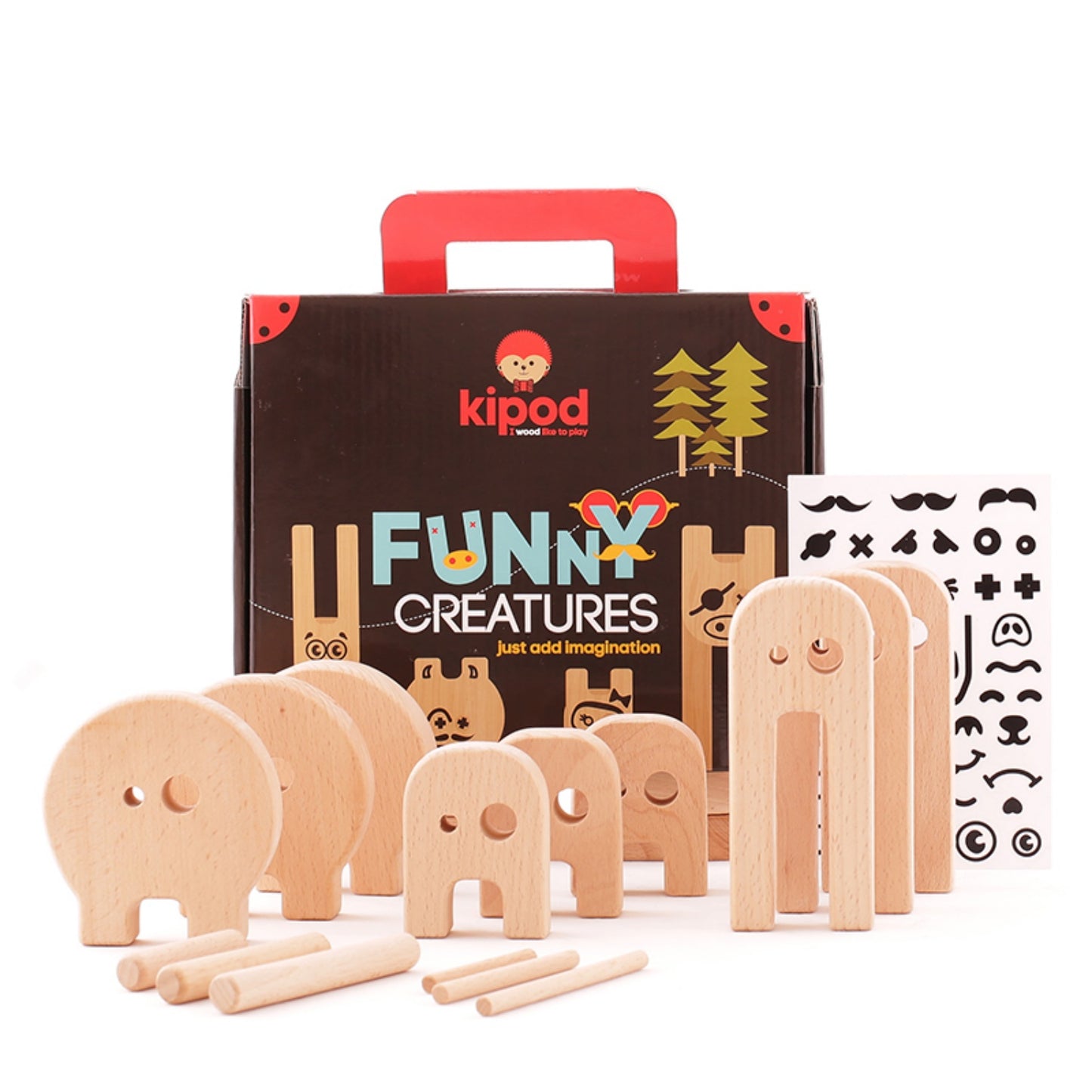 Kipod Toys Funny Creatures | Creative Wooden Toy Play Set | Wooden Assembly Puzzle & Game | Front View – All Items | BeoVERDE.ie