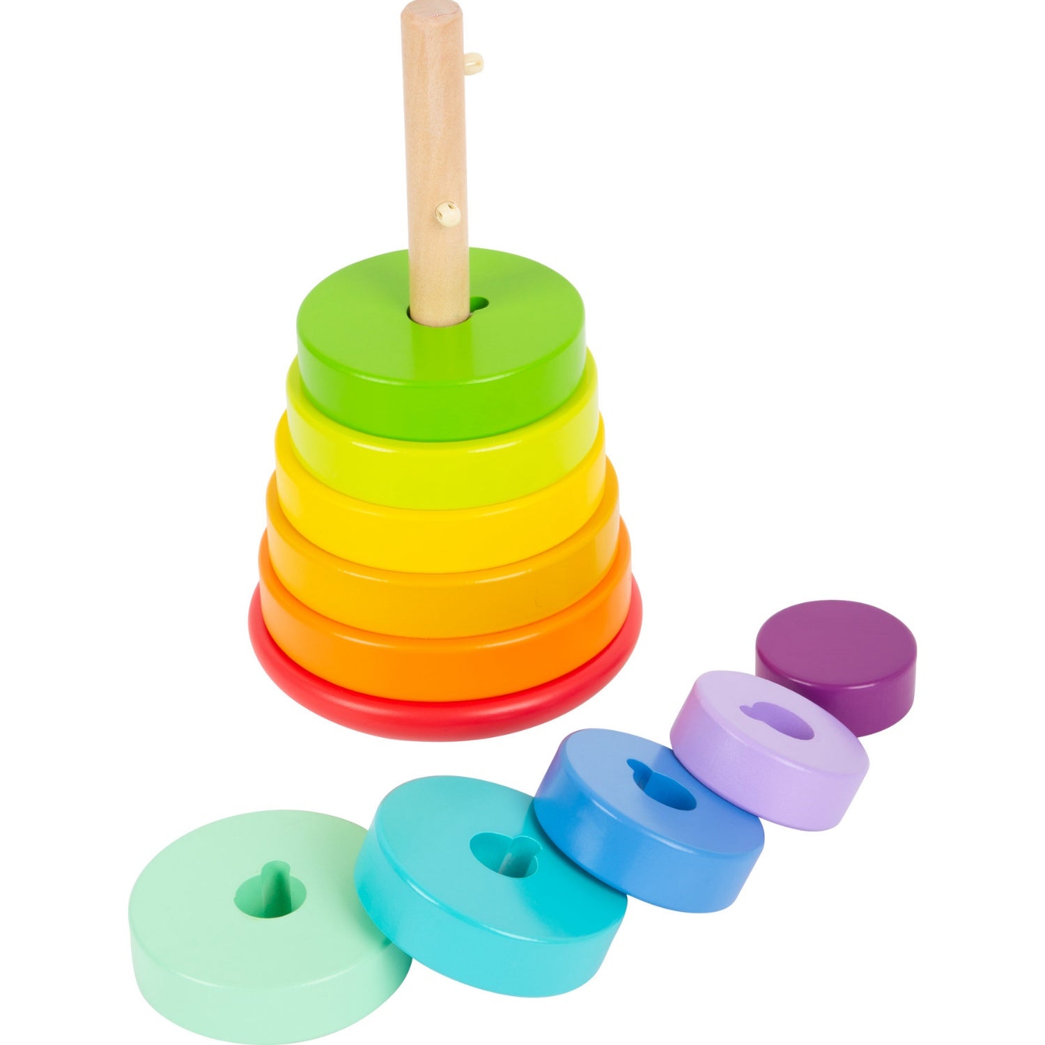 Large Wooden Rainbow Stacker | Baby & Toddler Activity Toy | Legler Toys | Front View – Some Rings on Stacker | BeoVERDE.ie
