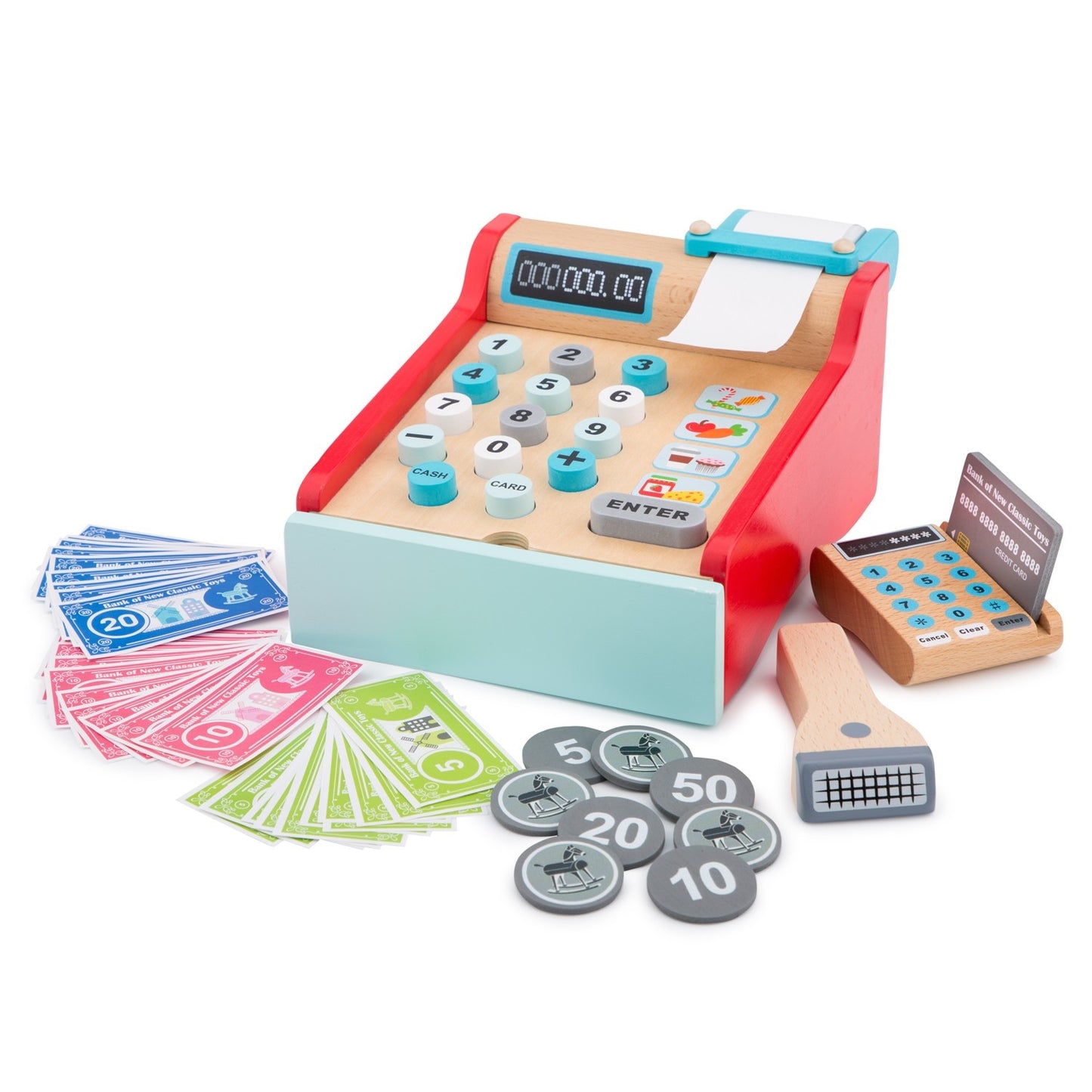 New Classic Toys Cash Register | Role Play Wooden Toy for Kids | Front-Side View: Money Outside Cash Register | BeoVERDE.ie