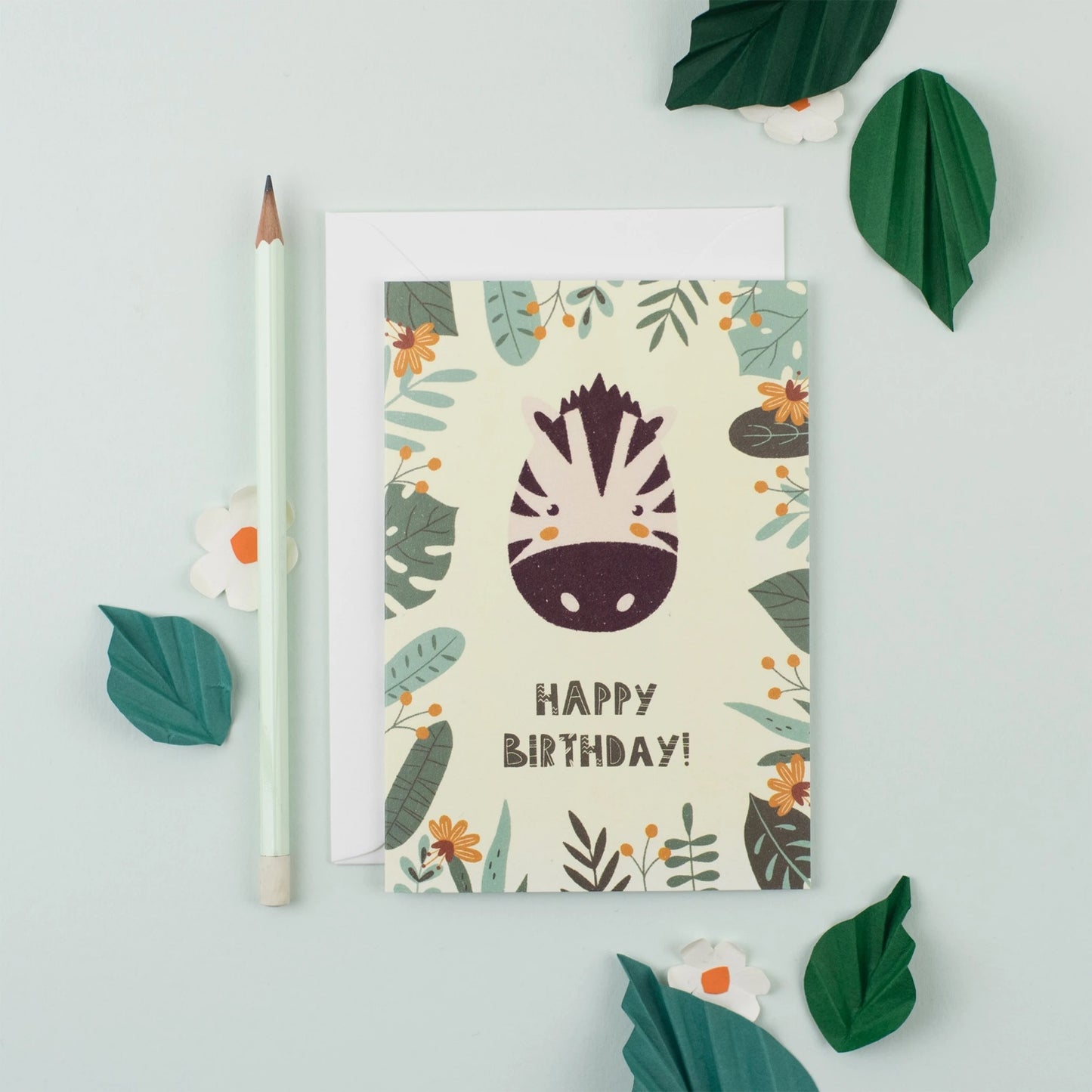 Ricicle Cards Zebra Birthday Card | Kids Birthday Card with Envelope | Front View – Lifestyle | BeoVERDE.ie