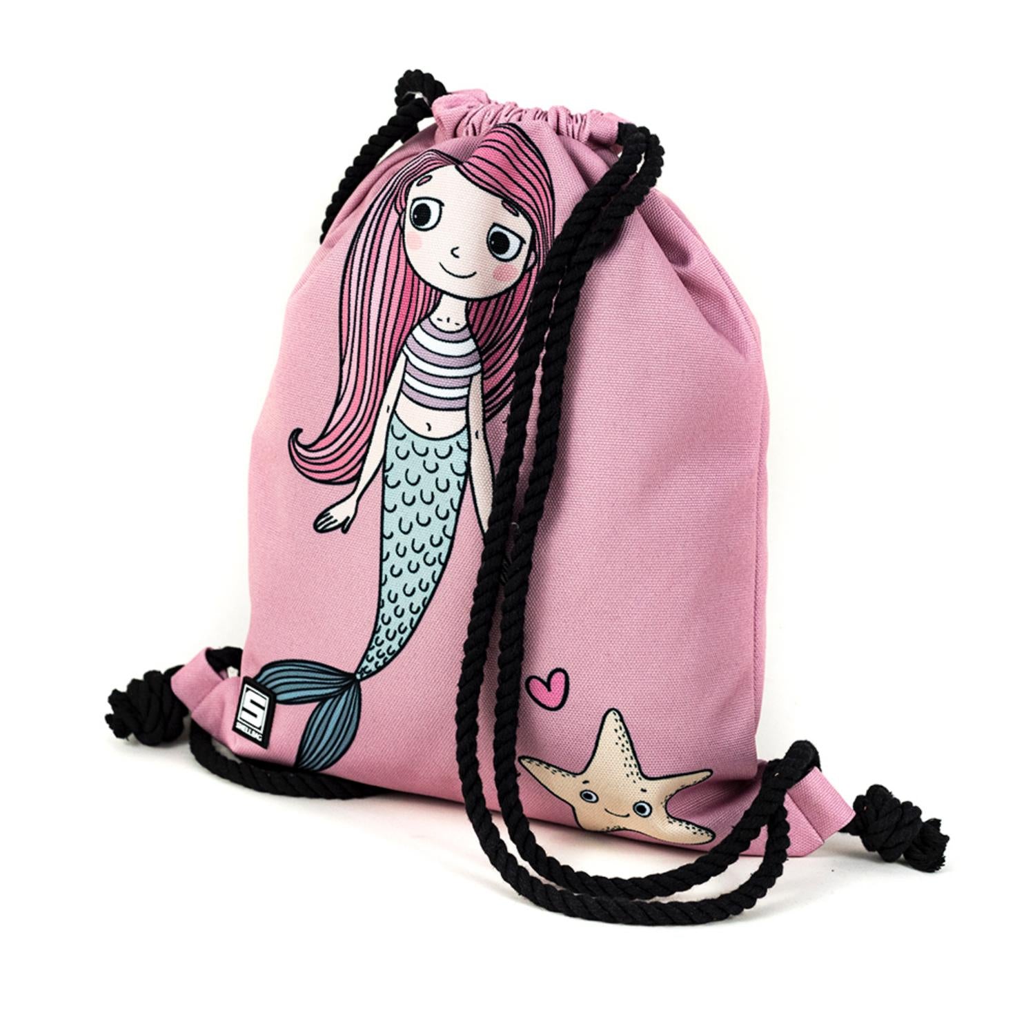 Shellbag Little Mermaid Drawstring Bag | Kid’s Backpack for Creche, Nursery & School | Front - Side View | BeoVERDE.ie