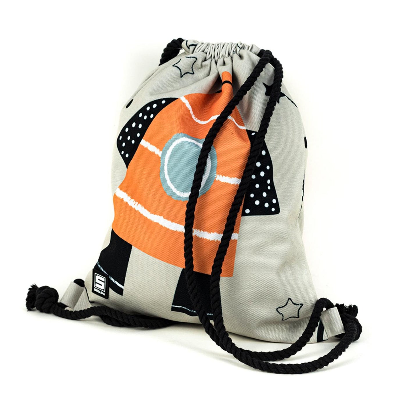 Shellbag Space Rocket Drawstring Bag | Kid’s Backpack for Creche, Nursery & School | Front - Side View | BeoVERDE.ie