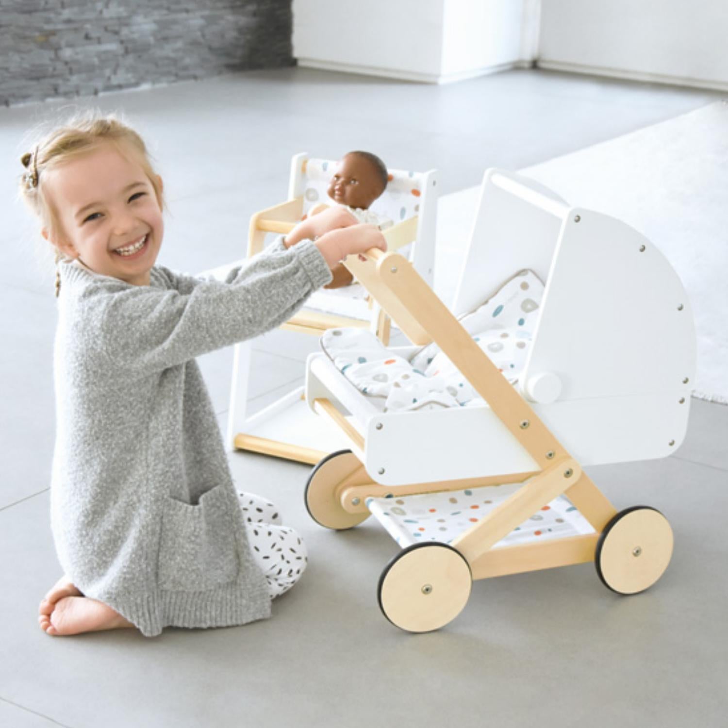 Small Foot Doll Pram | Wooden Pretend Play Toy for Kids | Lifestyle: Girl Playing with Doll Pram | BeoVERDE.ie