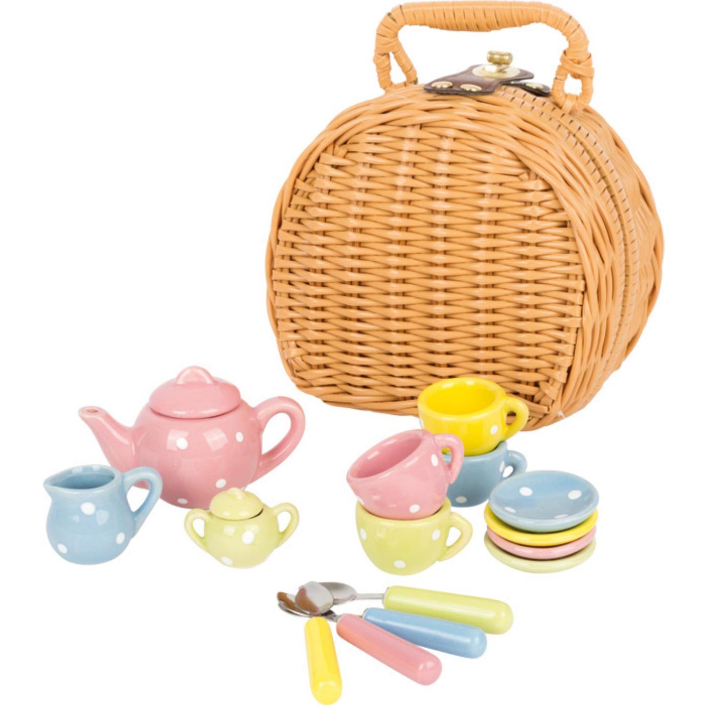 Kids Picnic Basket & Hamper Set | Pretend Play Wooden Toys | Front View: Basket Closed and All Items Presented | BeoVERDE.ie