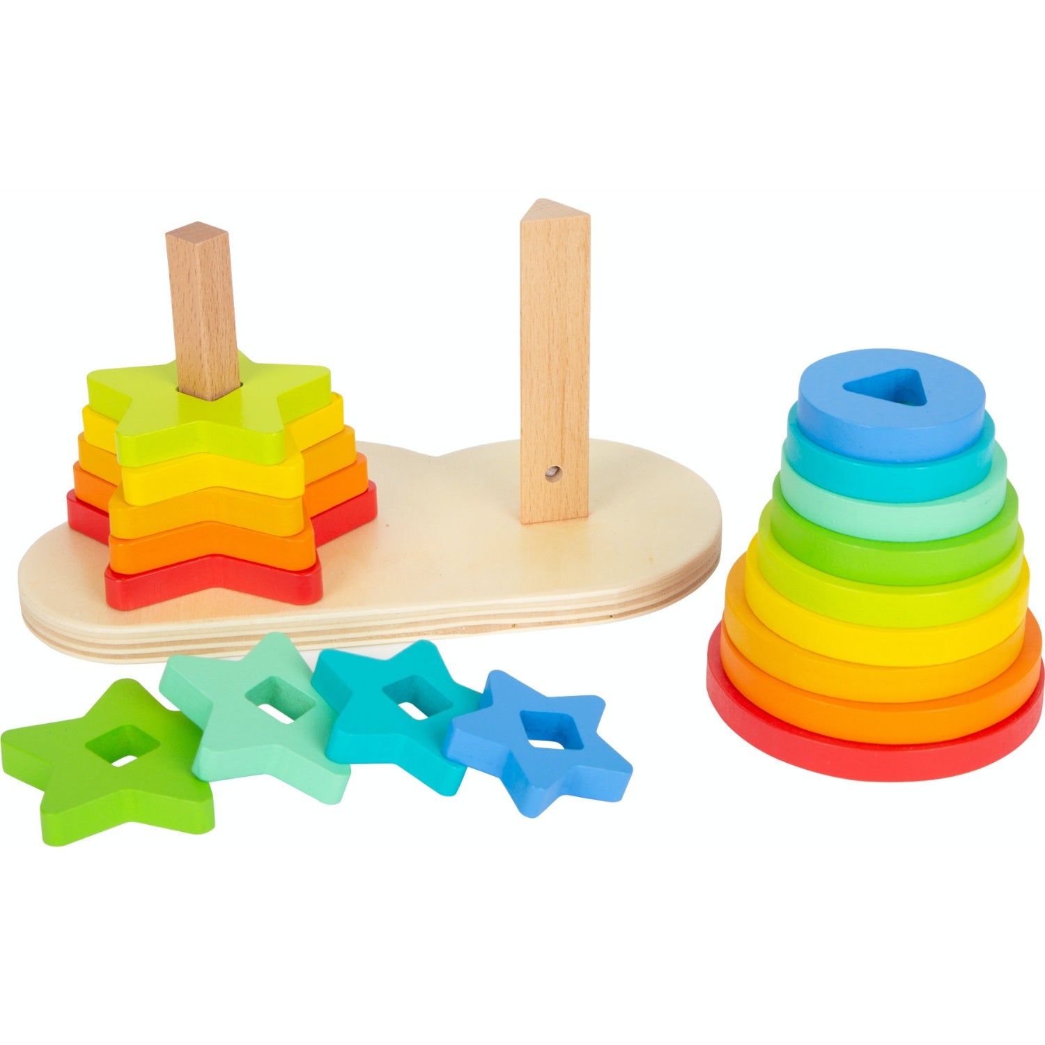 Small Foot Wooden Rainbow Shape Fitting Sorter & Stacker | Baby & Toddler Activity Toy | Front View – Partially Stacked | BeoVERDE.ie