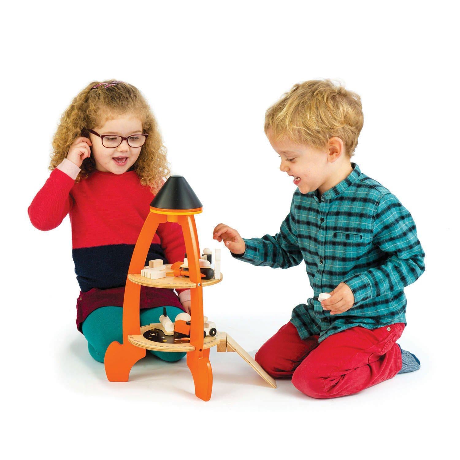 Tender Leaf Toys Cosmic Rocket Set | Wooden Toy Play Set For Kids | Lifestyle: 2 Children Playing with Cosmic Rocket Set | BeoVERDE.ie