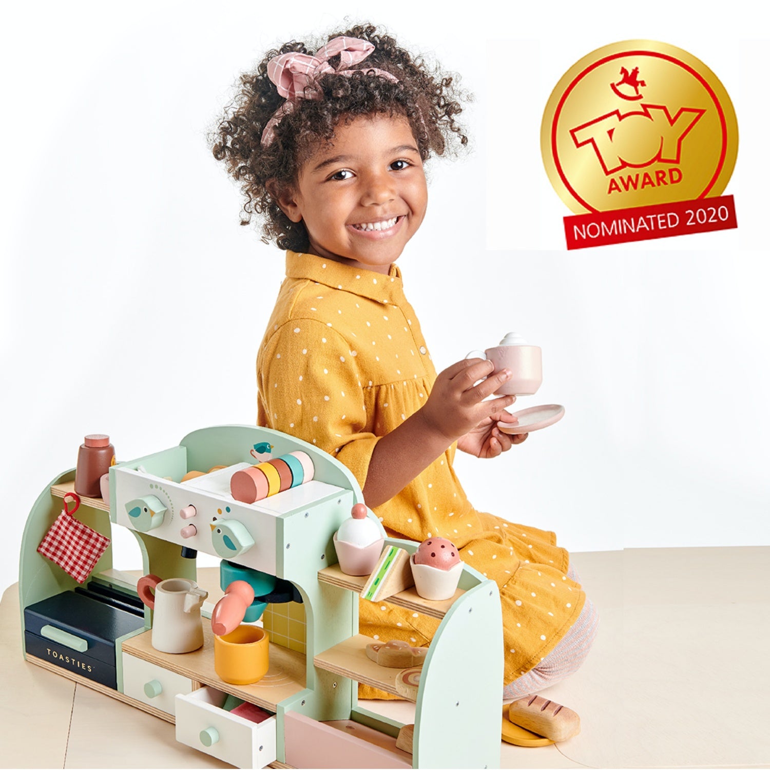 Tender Leaf Toys Bird’s Nest Café | Wooden Role Play Toy Café for Kids | Inspires Pretend Play | Girl with Cup of Tea | BeoVERDE.ie