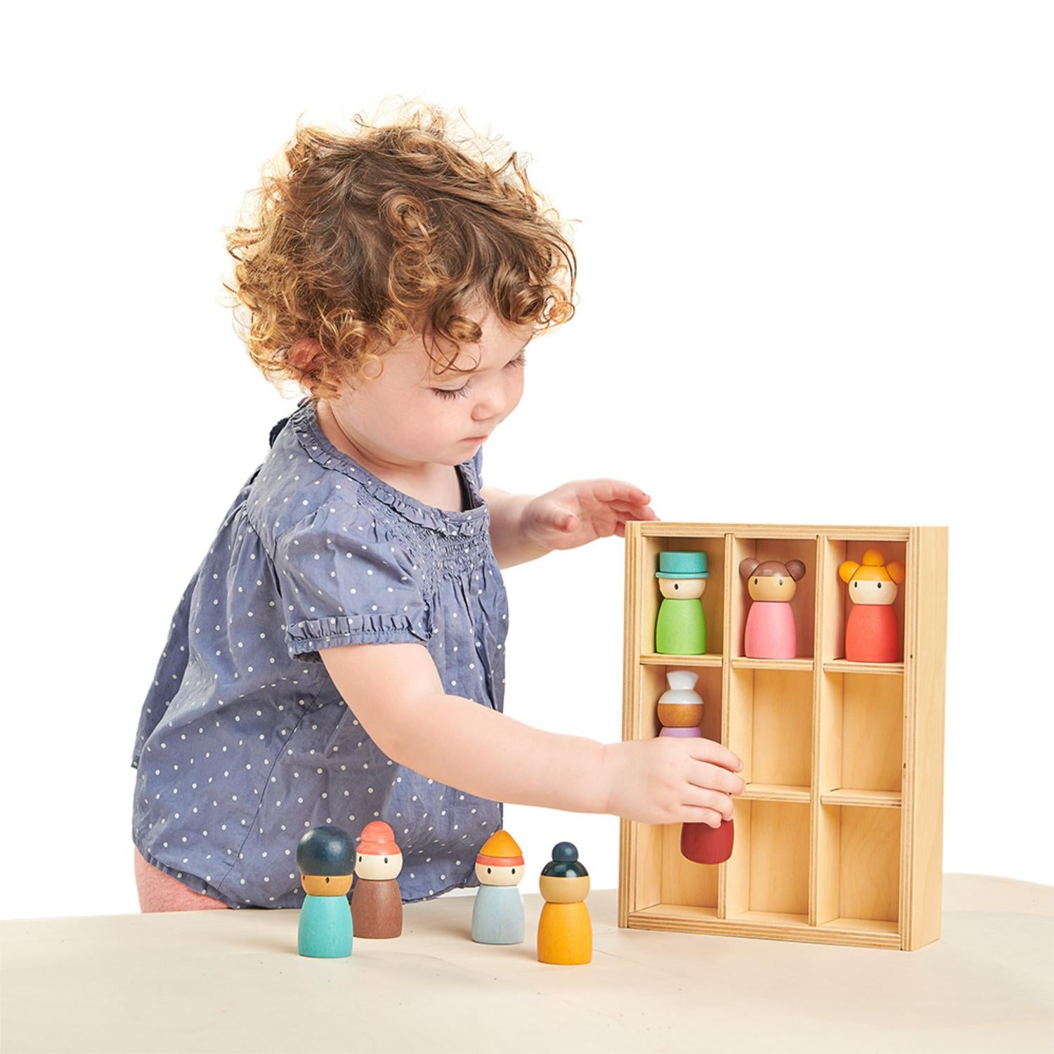 Tender Leaf Toys Happy Folk Hotel | Open-Ended Play Wooden Doll Set For Kids | Lifestyle – Girl Playing With Wooden Dolls | BeoVERDE.ie