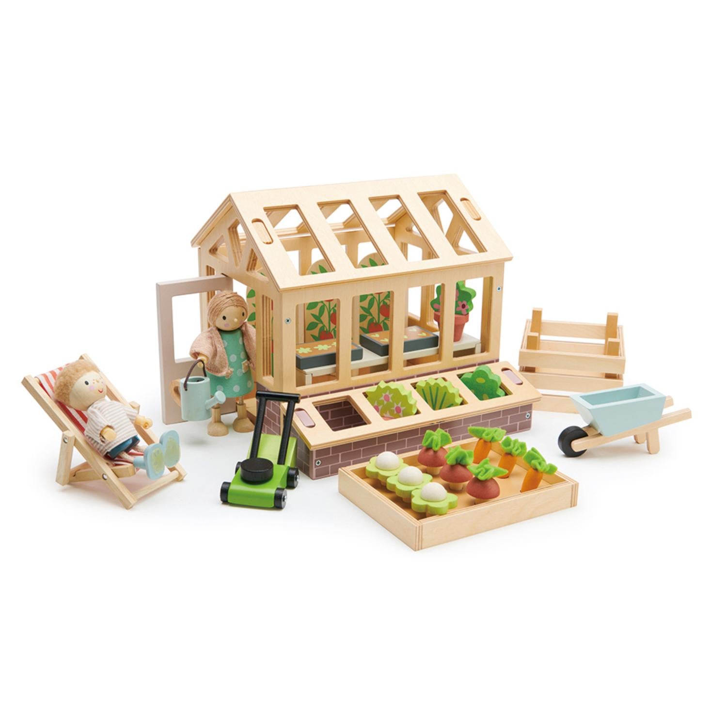 Greenhouse and Garden Set | Wooden Doll House Play Set | Front View All Pieces With Sample Dolls | BeoVERDE.ie
