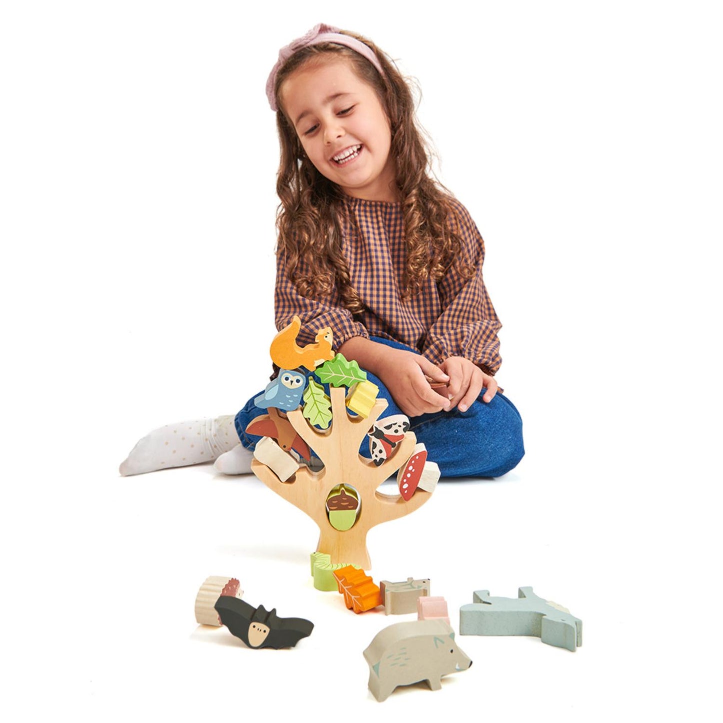 Tender Leaf Toys Stacking Forest | Stacking + Balancing Wooden Toy | Lifestyle: Girl Playing With Stacker | BeoVERDE.ie