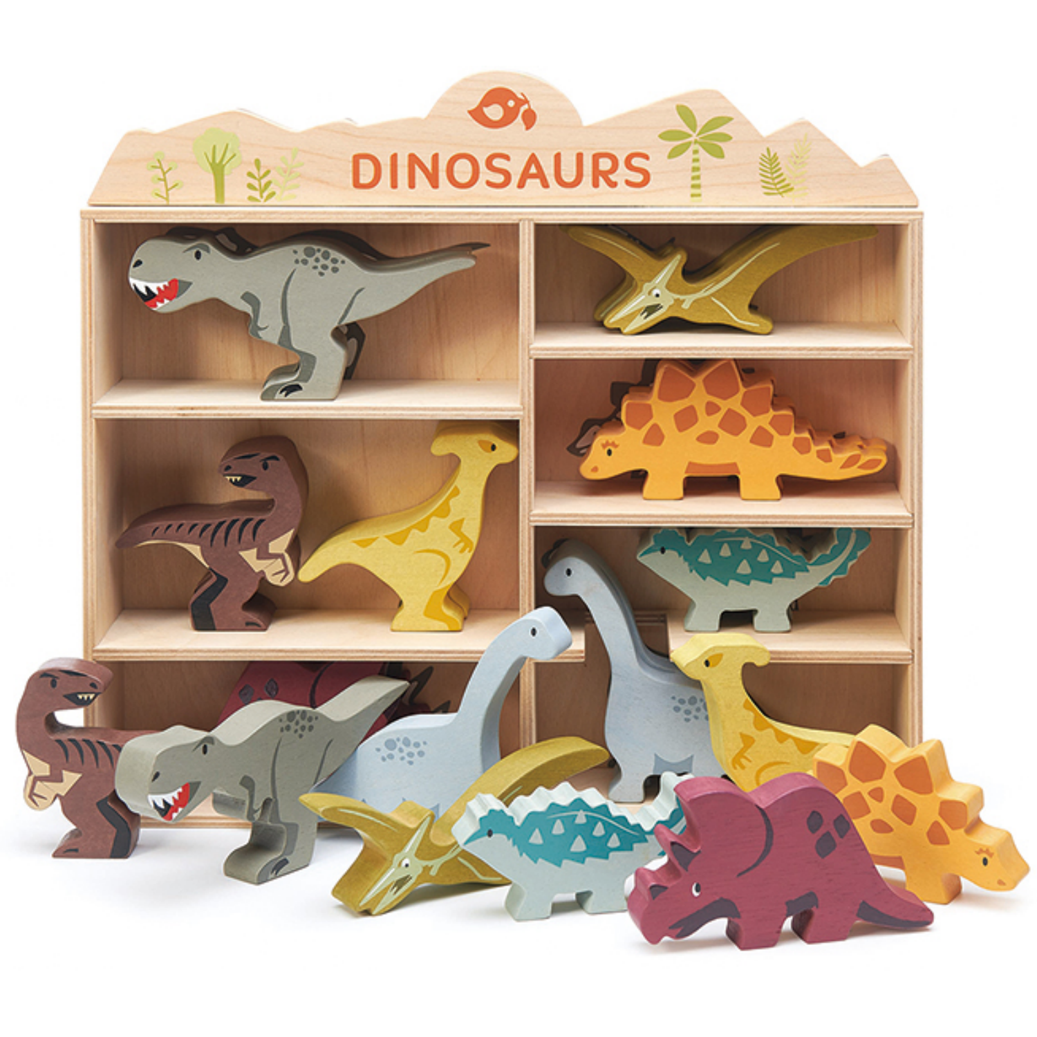 Tender Leaf Wooden Dinosaurs | Hand-Crafted Wooden Animal Toy | Wooden Dinosaurs Outside Shelf | BeoVERDE.ie