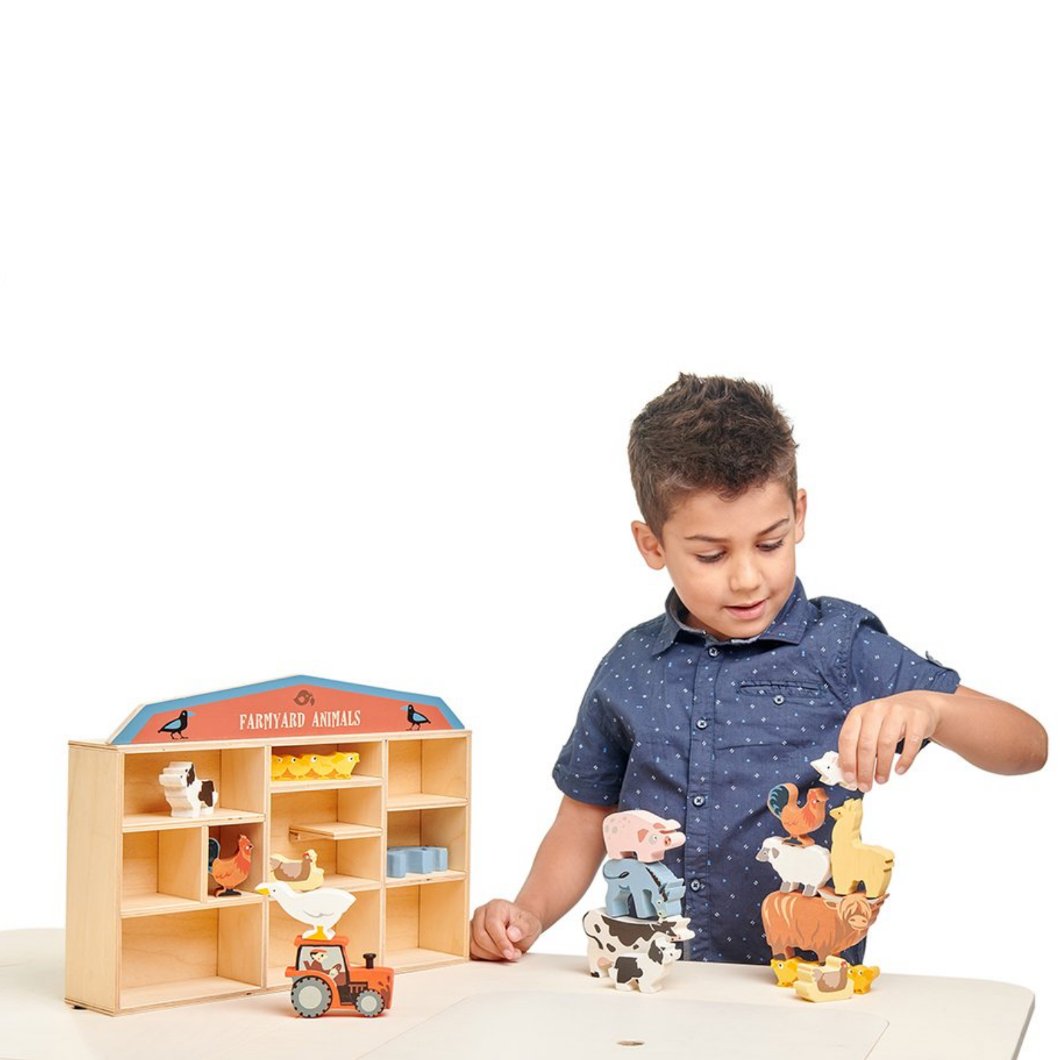 Tender Leaf 13 Farmyard Animals & Shelf Set | Hand-Crafted Wooden Animal Toys | Boy Playing |BeoVERDE.ie