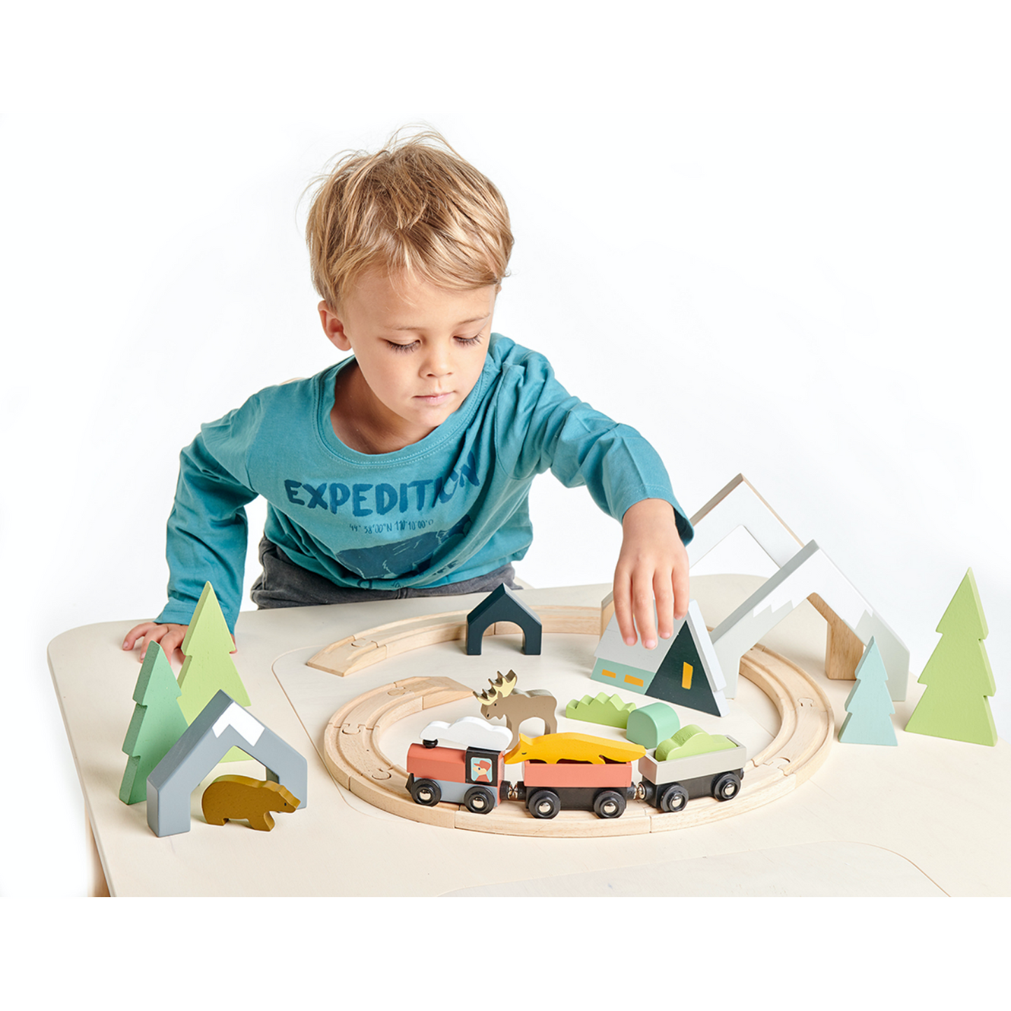 TenderLeaf Treetops Train Set | Hand-Crafted Wooden Animal Toys | Boy Playing |BeoVERDE.ie