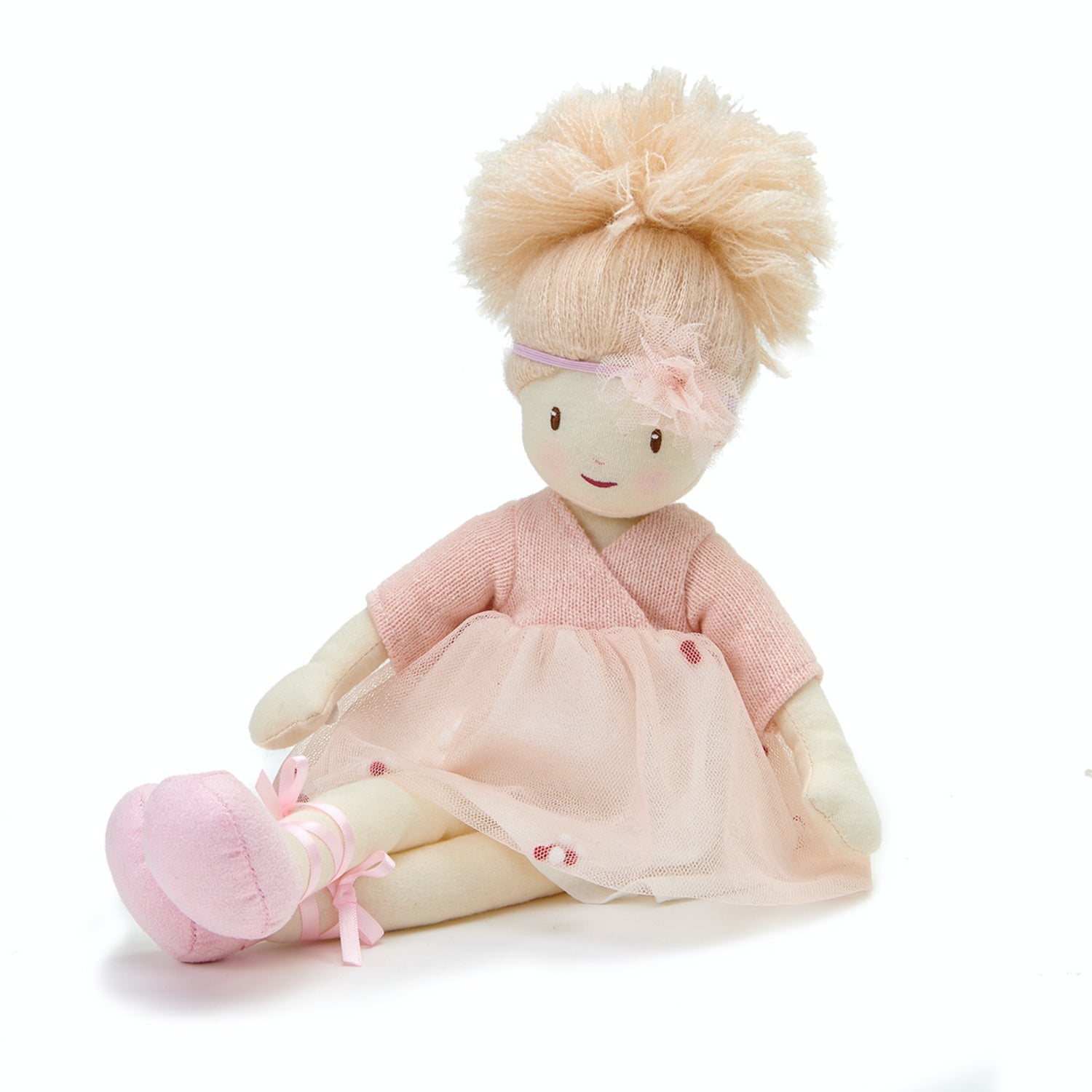 ThreadBear Design Amelie Ballerina Rag Doll | Hand-Crafted Rag Doll | Soft Cotton Children’s Doll | Front View – Rag Doll Amelie Sitting | BeoVERDE.ie