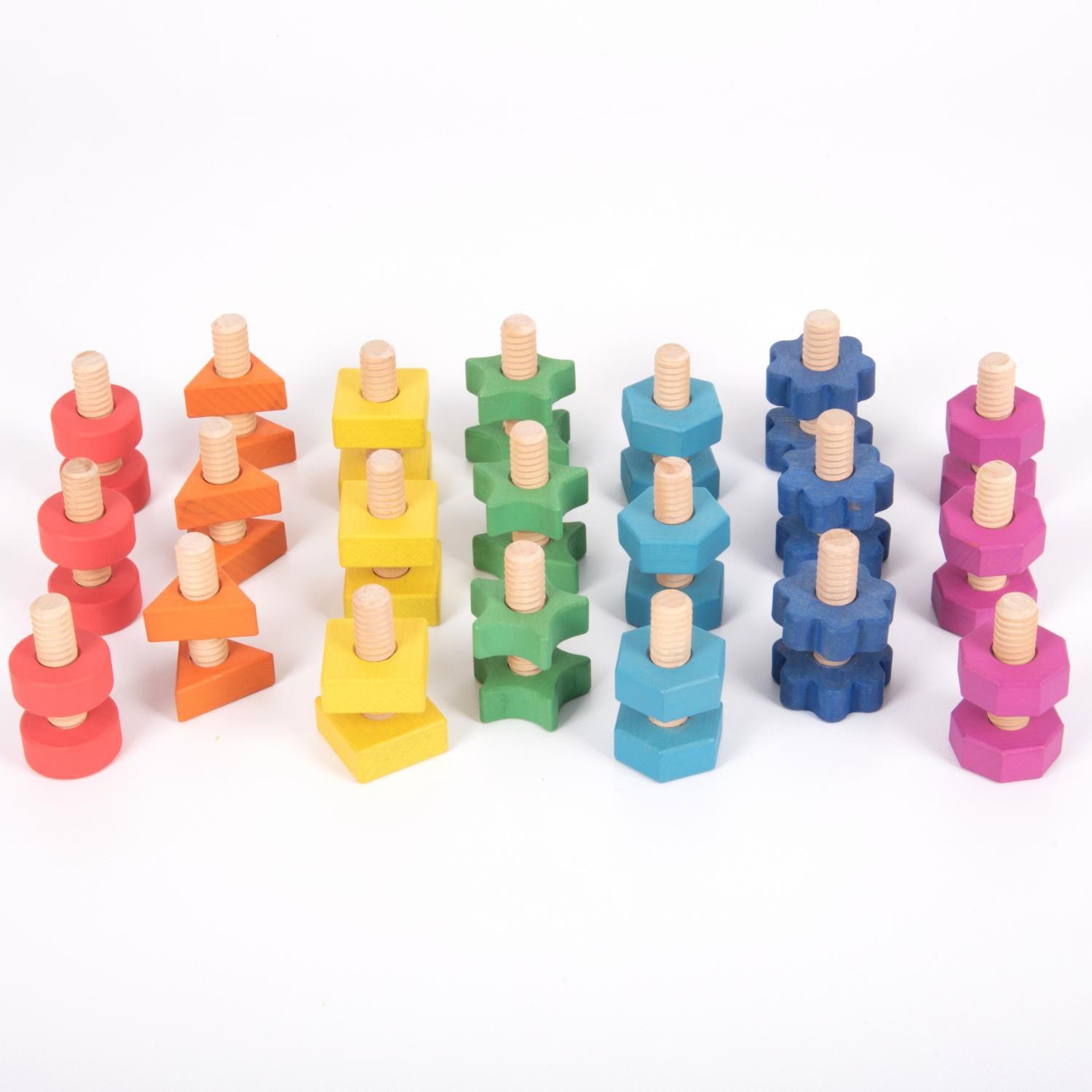 TickiT Rainbow Wooden Nuts & Bolts | Wooden Loose Parts | Open-Ended Toys | Front View – All Nuts & Bolts Assembled | BeoVERDE.ie