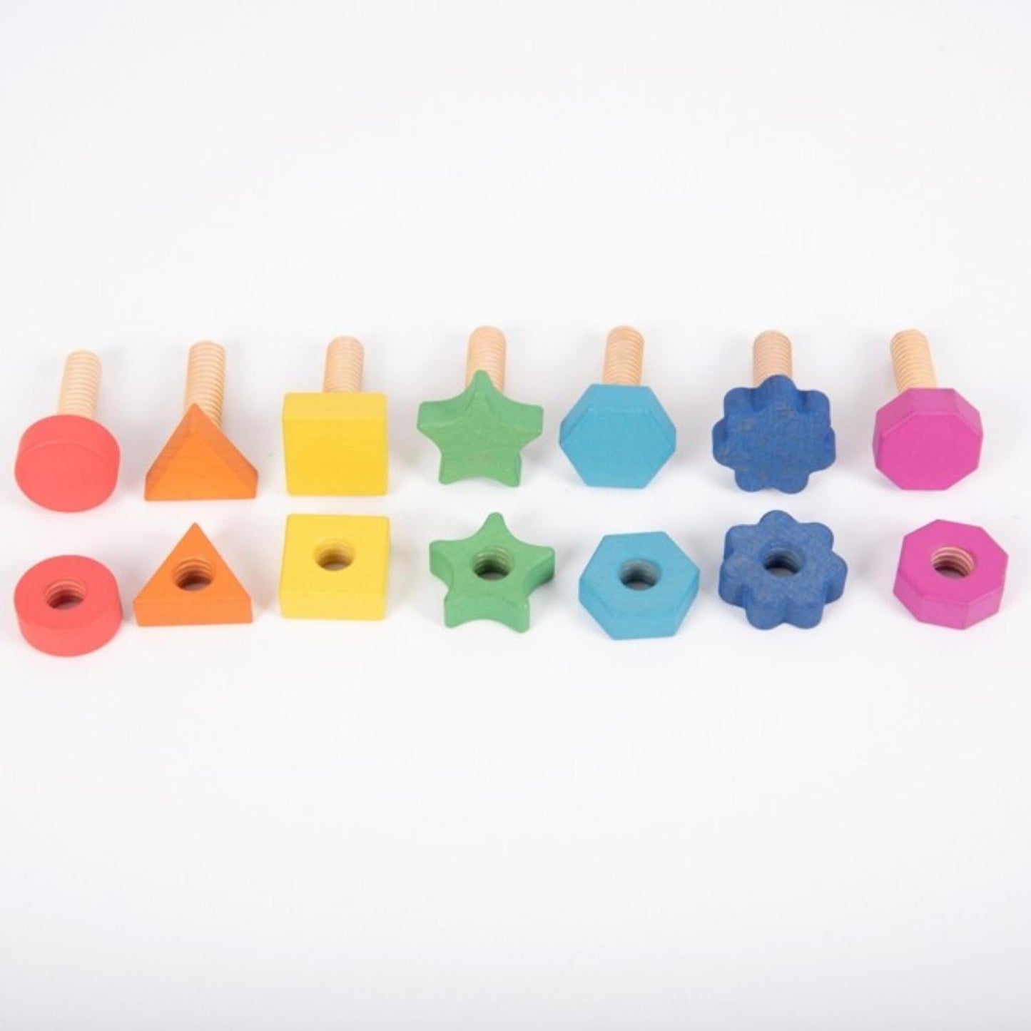 TickiT Rainbow Wooden Nuts & Bolts| Set of 7 Pieces | Wooden Loose Parts | Open-Ended Toys | Front View – Nuts & Bolts Not Assembled | BeoVERDE.ie