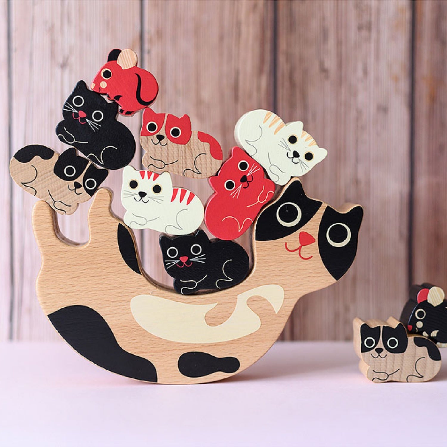 Vilac Catymini Balancing Game Designed by Ingela P. Arrhenius  | Hand-Crafted Wooden Toy | Wooden Stacking Balancing Game | Front View – Lifestyle – Some Kittens on Mother Cat | BeoVERDE.ie