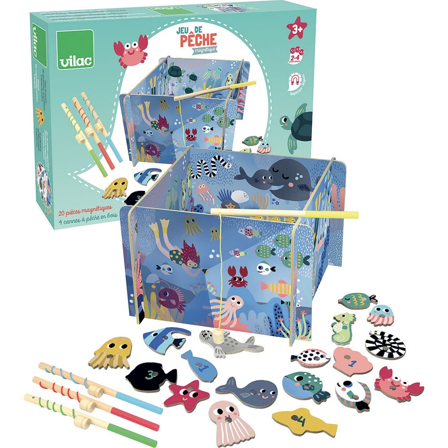 Vilac Ocean Fishing Game | Designed by Michelle Carlslund | Educational Wooden Toy | Front View and Packaging | BeoVERDE.ie