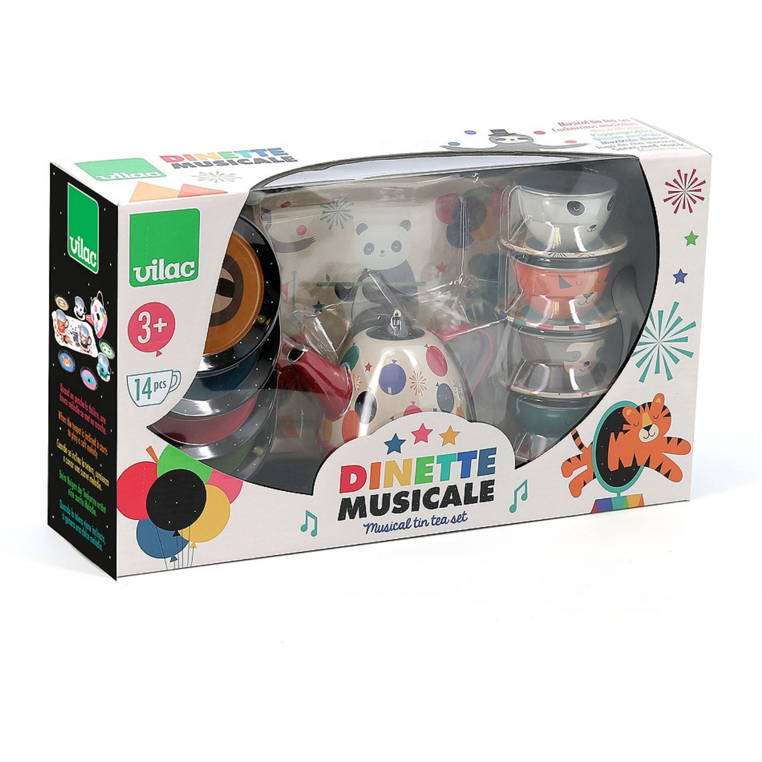 Vilac Rainbow Musical Tea Set | Designed by Andy Westface | Pretend Play Toy | Front View and Packaging | BeoVERDE Ireland