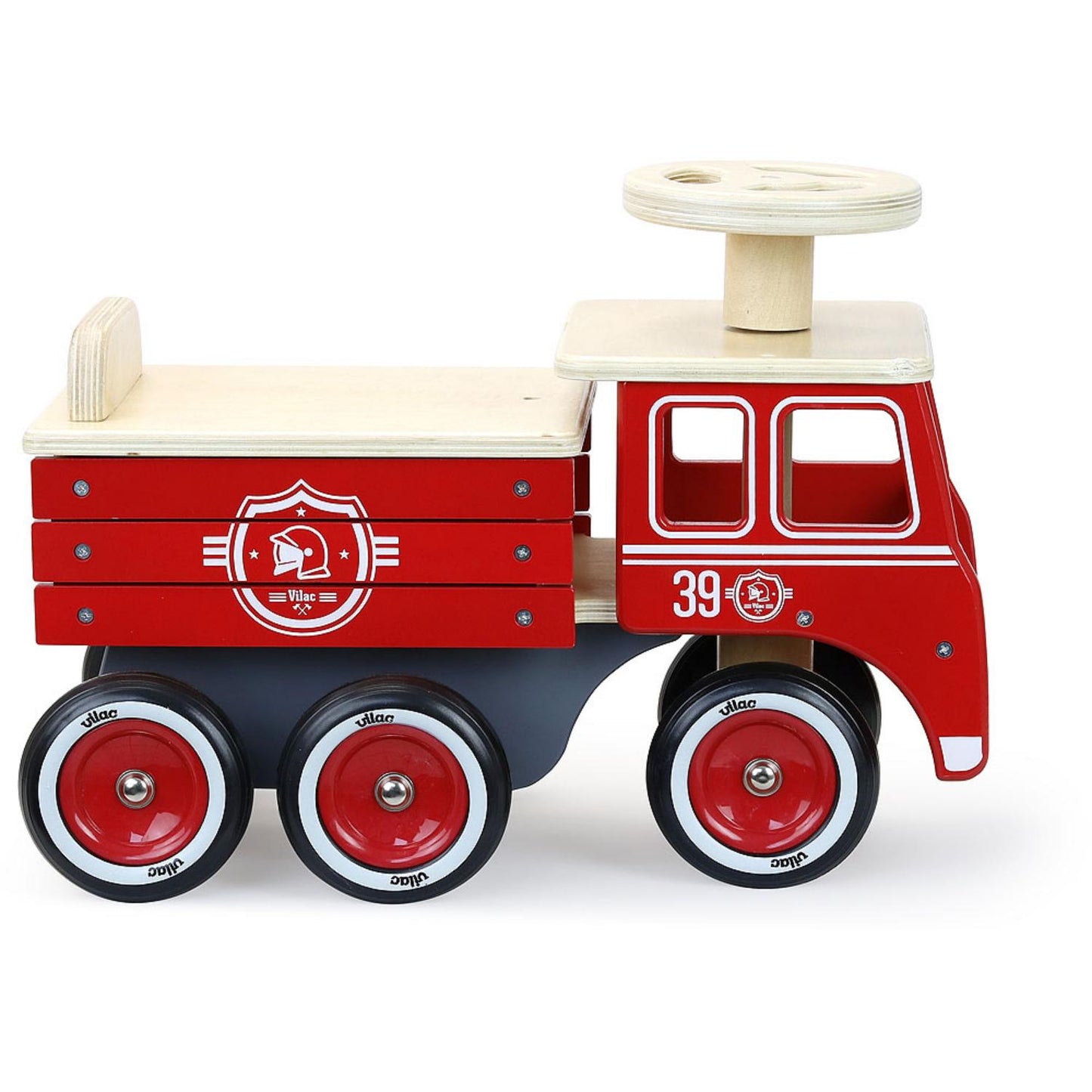 Vilac Ride On Fire Truck | Baby & Toddler Activity Wooden Toy | Side View | BeoVERDE.ie