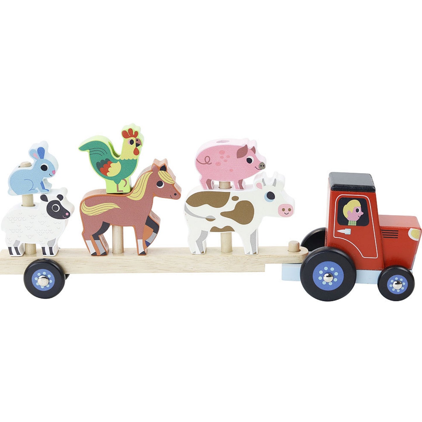 Vilac Stacker Tractor and Trailer with 6 Farm Animals | Wooden Imaginative Play Toy | Front-Side View  - Vehicles on Trailer | BeoVERDE.ie