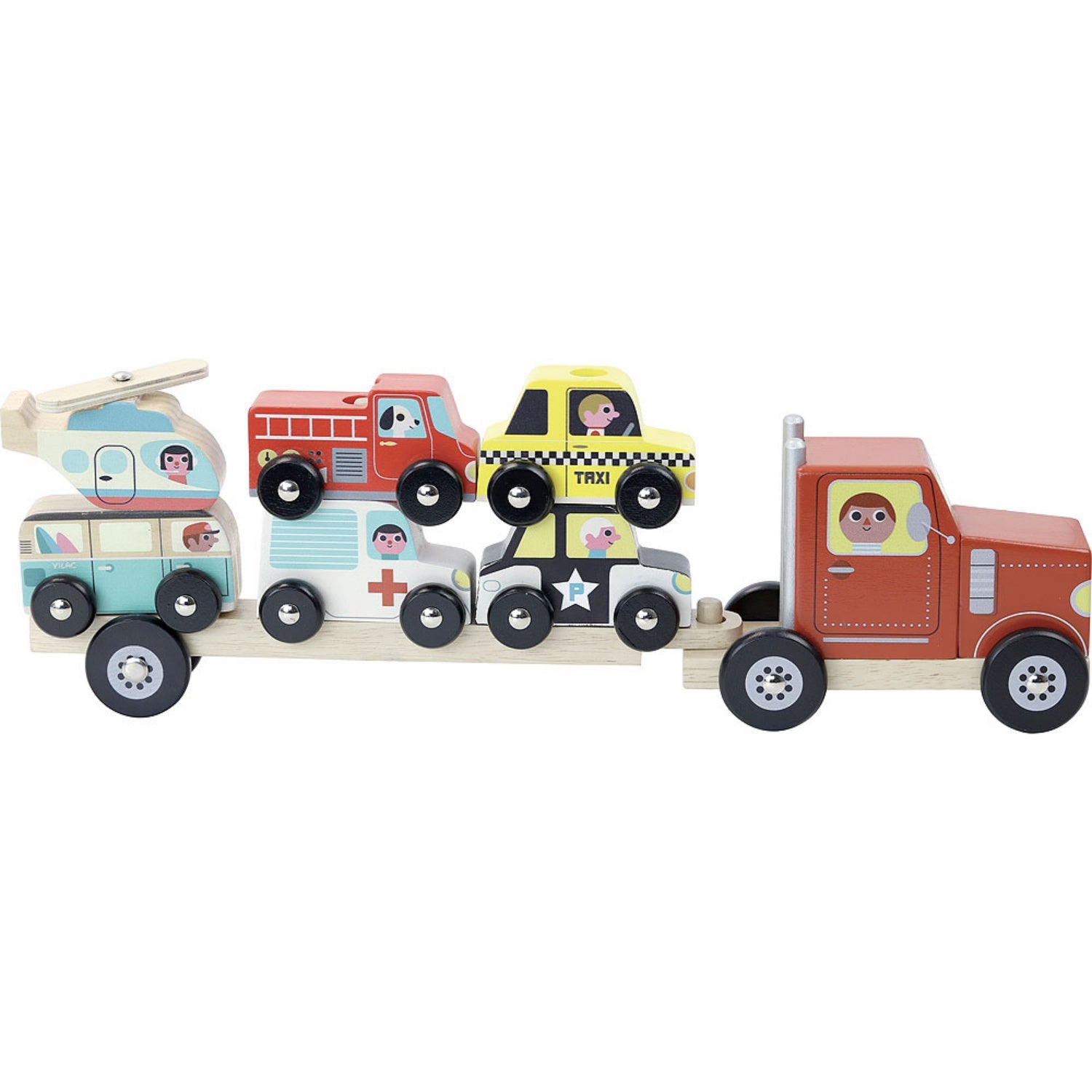 Vilac Stacker Car Transporter 6 Vehicles | Wooden Imaginative Play Toy | Side View  - Vehicles on Trailer | BeoVERDE.ie