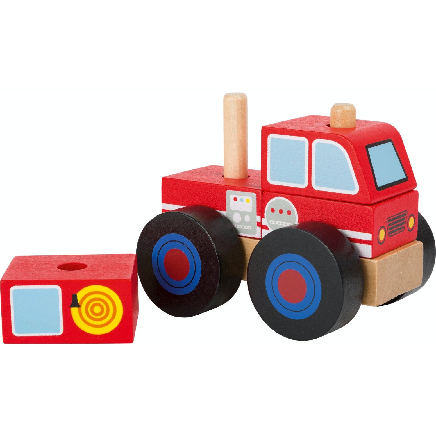 Small Foot Wooden Stacker Fire Engine | Baby & Toddler Activity Wooden Toy | Front Side View – One Piece Removed | BeoVERDE.ie