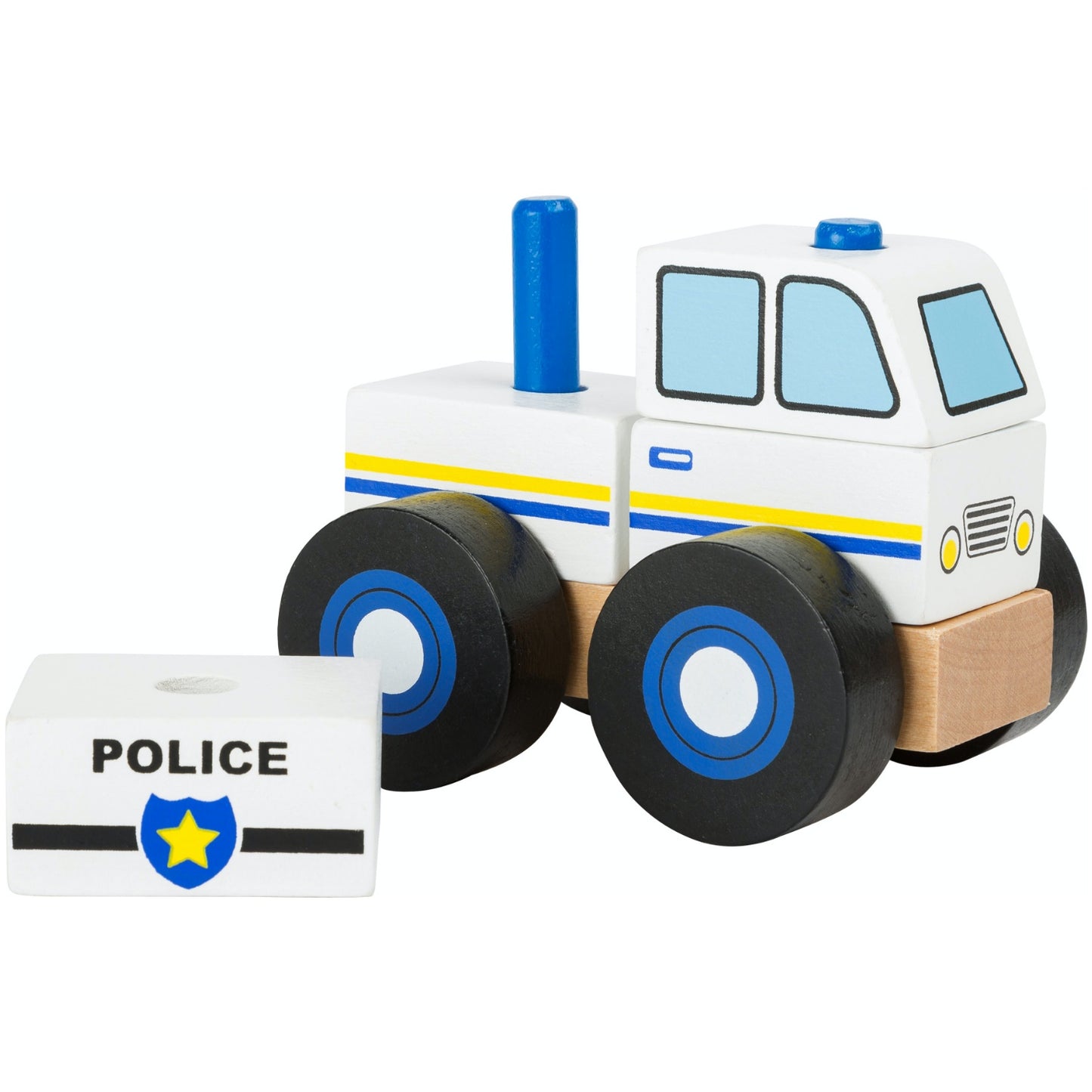 Small Foot Wooden Stacker Police Car | Baby & Toddler Activity Wooden Toy | Front Side View – One Piece Removed | BeoVERDE.ie