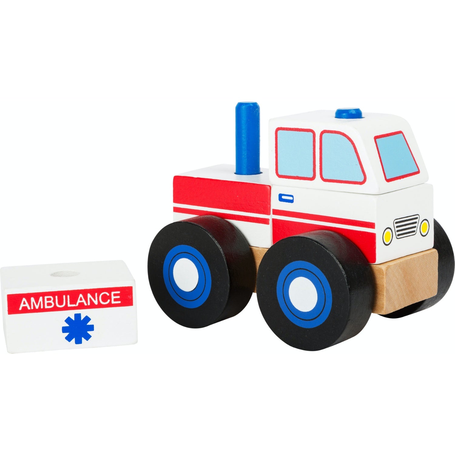 Small Foot Wooden Stacker Ambulance | Baby & Toddler Activity Wooden Toy | Front Side View – One Piece Removed | BeoVERDE.ie