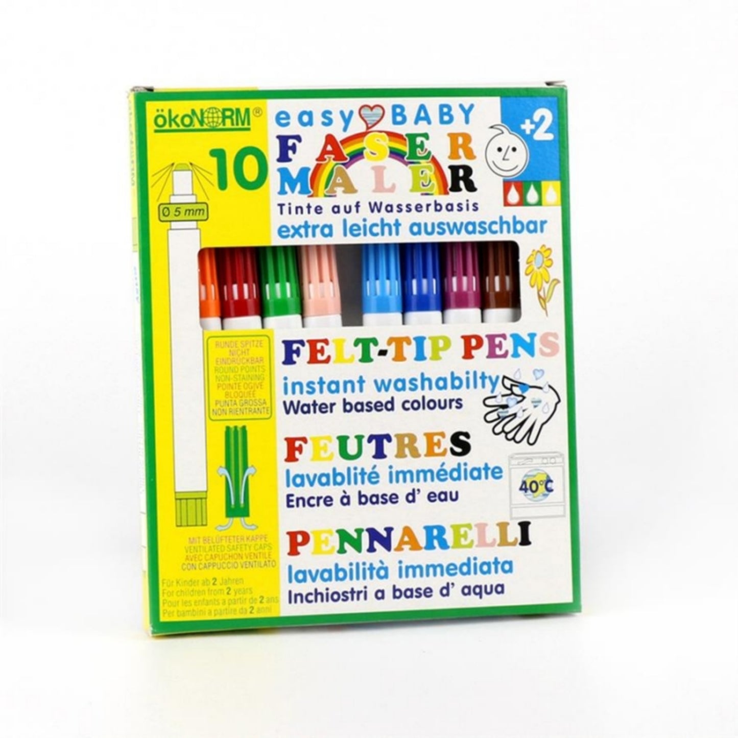 okoNORM Easy Baby Felt-Tip Pens | Vegan, Water-Based Inks & Eco-Friendly | 10 Colours | Box Closeup | BeoVERDE.ie