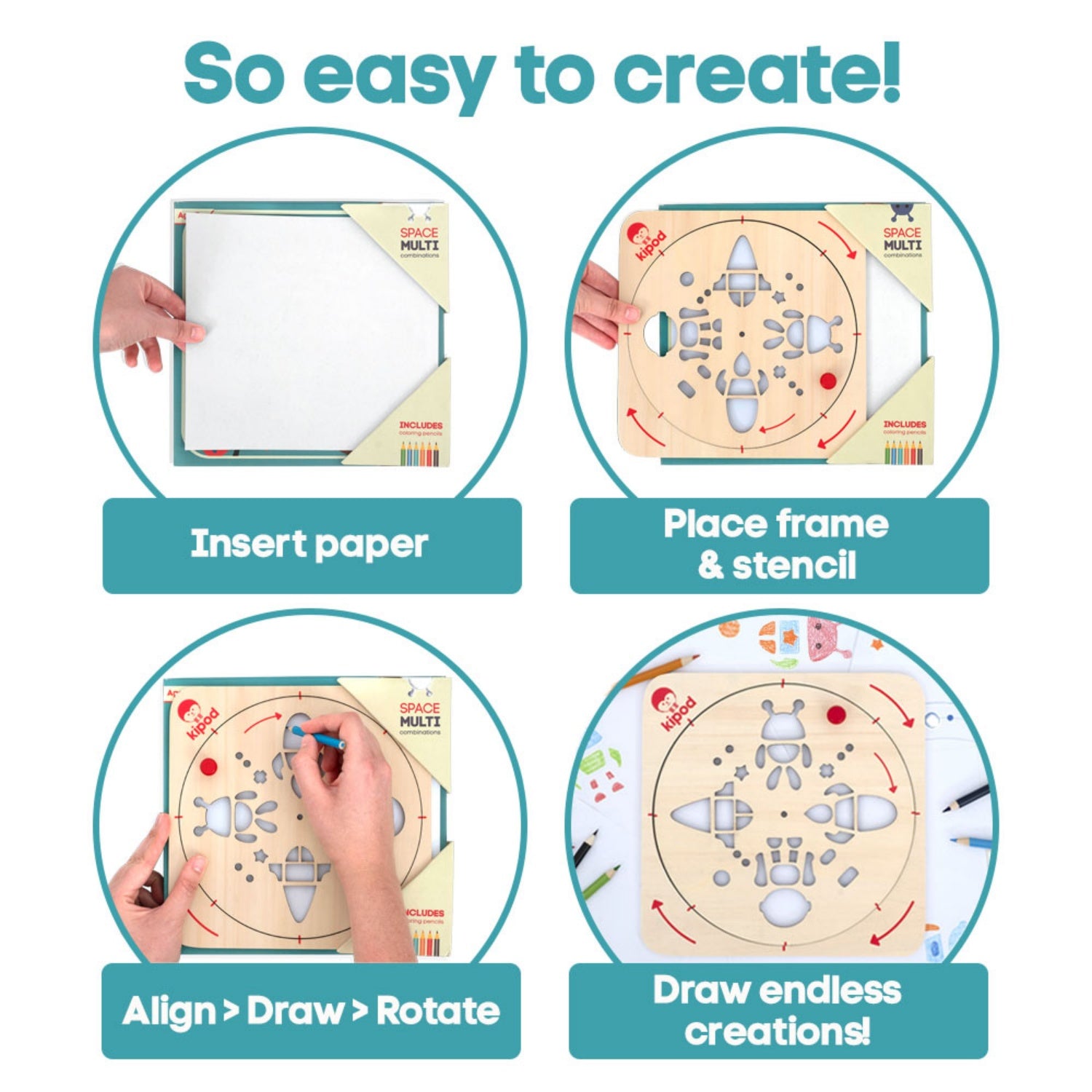 Space - Rotating Wooden Drawing Stencil Kit for Children | Kipod Toys | Wooden Arts & Crafts Kit | Educational Wooden Toy | Instructions | BeoVERDE.ie