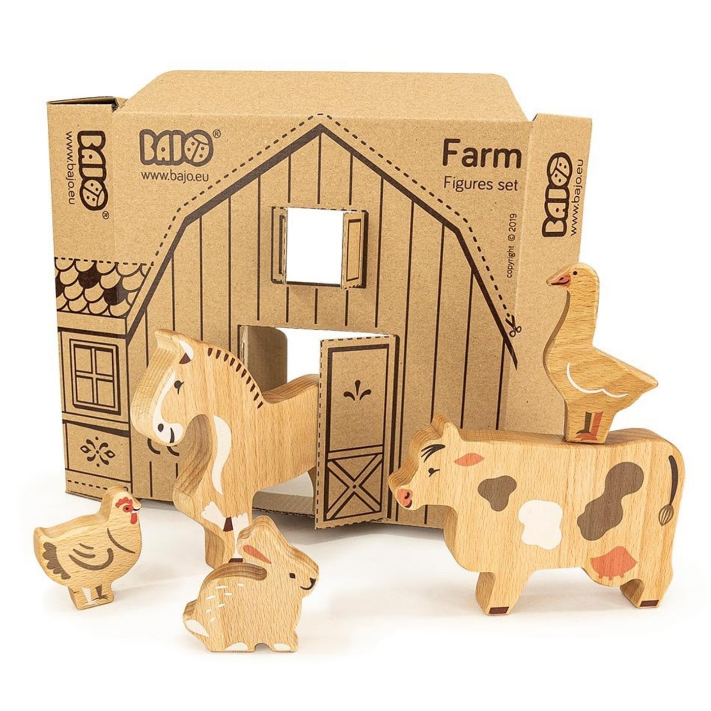 14 Natural Wooden Farm Animals | Hand-Crafted Wooden Toys | Bajo | Front View – Packaging with some Animals | BeoVERDE.ie