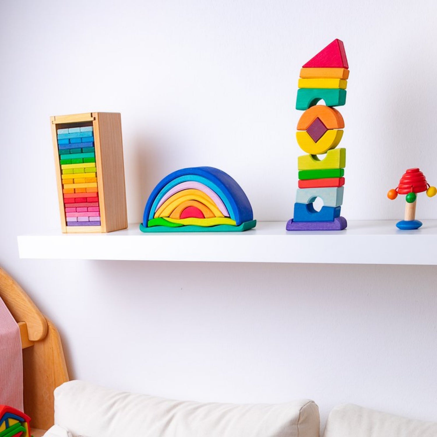 Gluckskafer Crooked Tower Wooden Blocks | Imaginative Play Wooden Toys | Waldorf Education and Montessori Education | Lifestyle: Crooked Tower Wooden Blocks on Shelf | BeoVERDE.ie