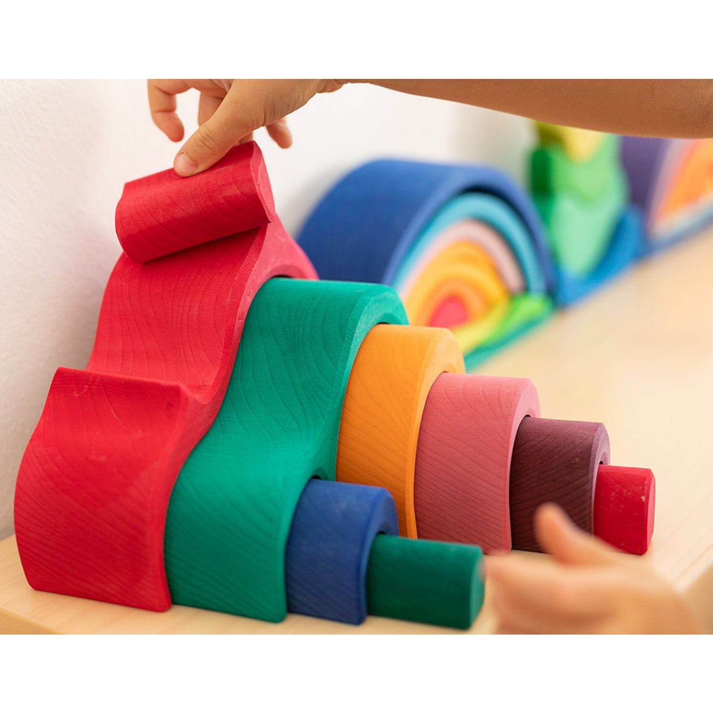 Gluckskafer Red Wooden Gable House Stacker | Imaginative Play Wooden Toys | | Waldorf Education and Montessori Education | Lifestyle: Child Playing with Toy | BeoVERDE.ie