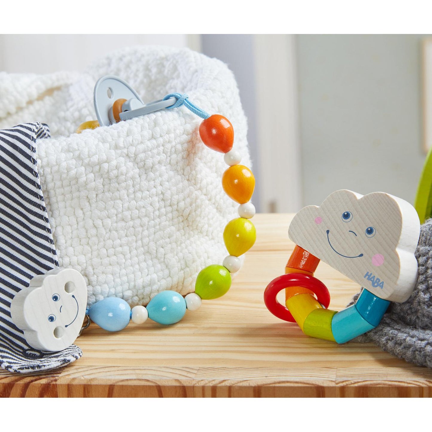 HABA Rainbow Dummy Clip + Rattle Gift Set | Baby’s First Wooden Toy | | Lifestyle - Dummy Clip + Rattle | BeoVERDE.ie