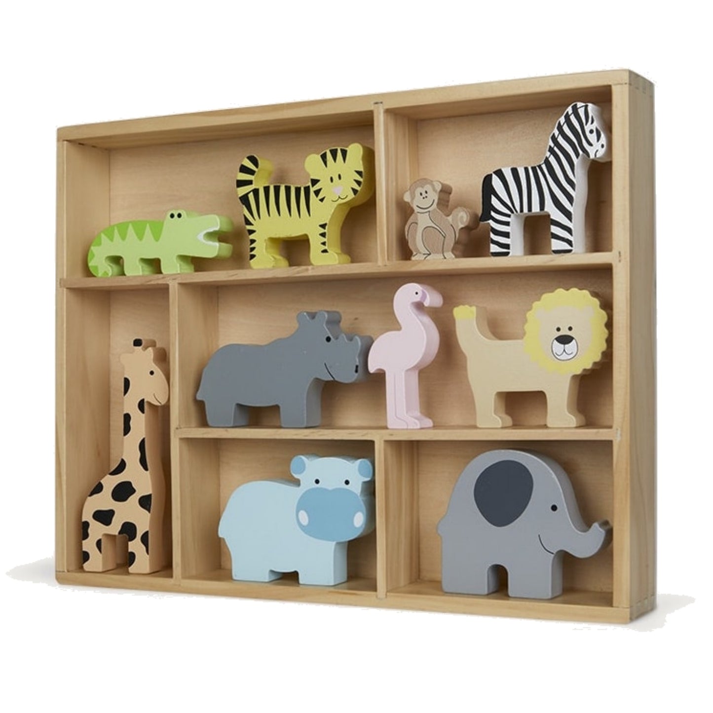 JaBaDaBaDo Wooden Animal Display Shelf With 9 Different Safari Animals | Wooden Imaginative Play Toy | Left View | BeoVERDE.ie
