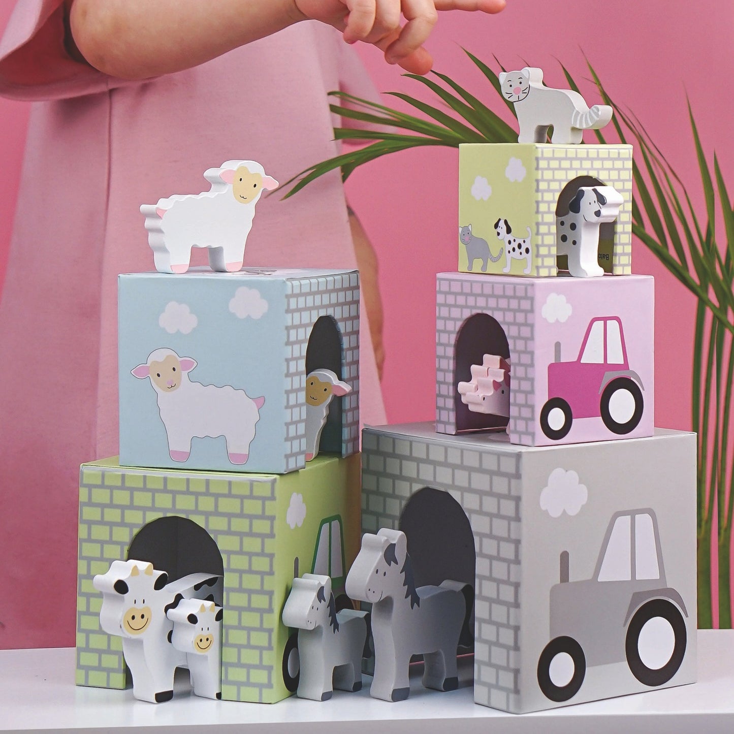 JaBaDaBaDo Stacking Cubes Animal | Wooden Imaginative Play Toy | Lifestyle – Girl Playing | BeoVERDE.ie
