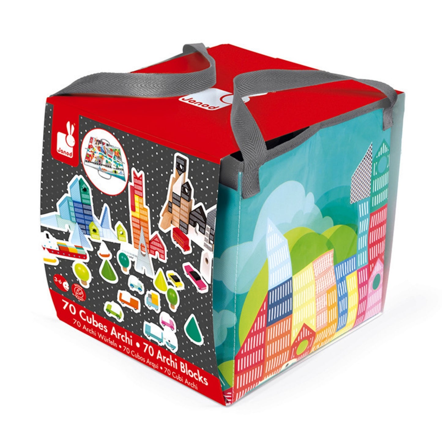 Janod Kubix 70 Archi Blocks | 70 Solid City-Themed Play Blocks & Mat | Packaging | BeoVERDE.ie