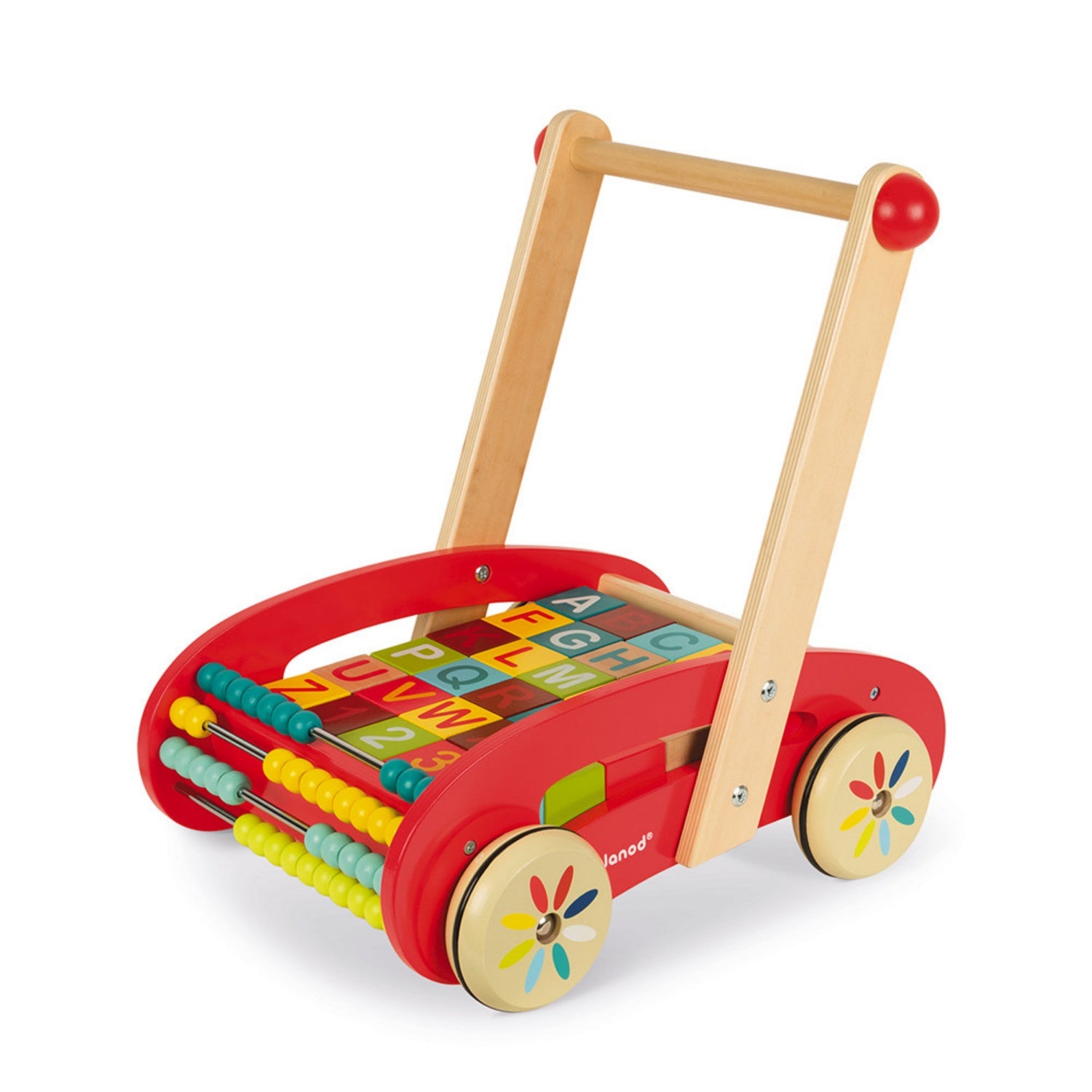 Janod Baby Walker With Wooden ABC Blocks | Wooden Push Along Trolley | Wooden Toddler Activity Toy | Front-Right Side View | BeoVERDE.ie