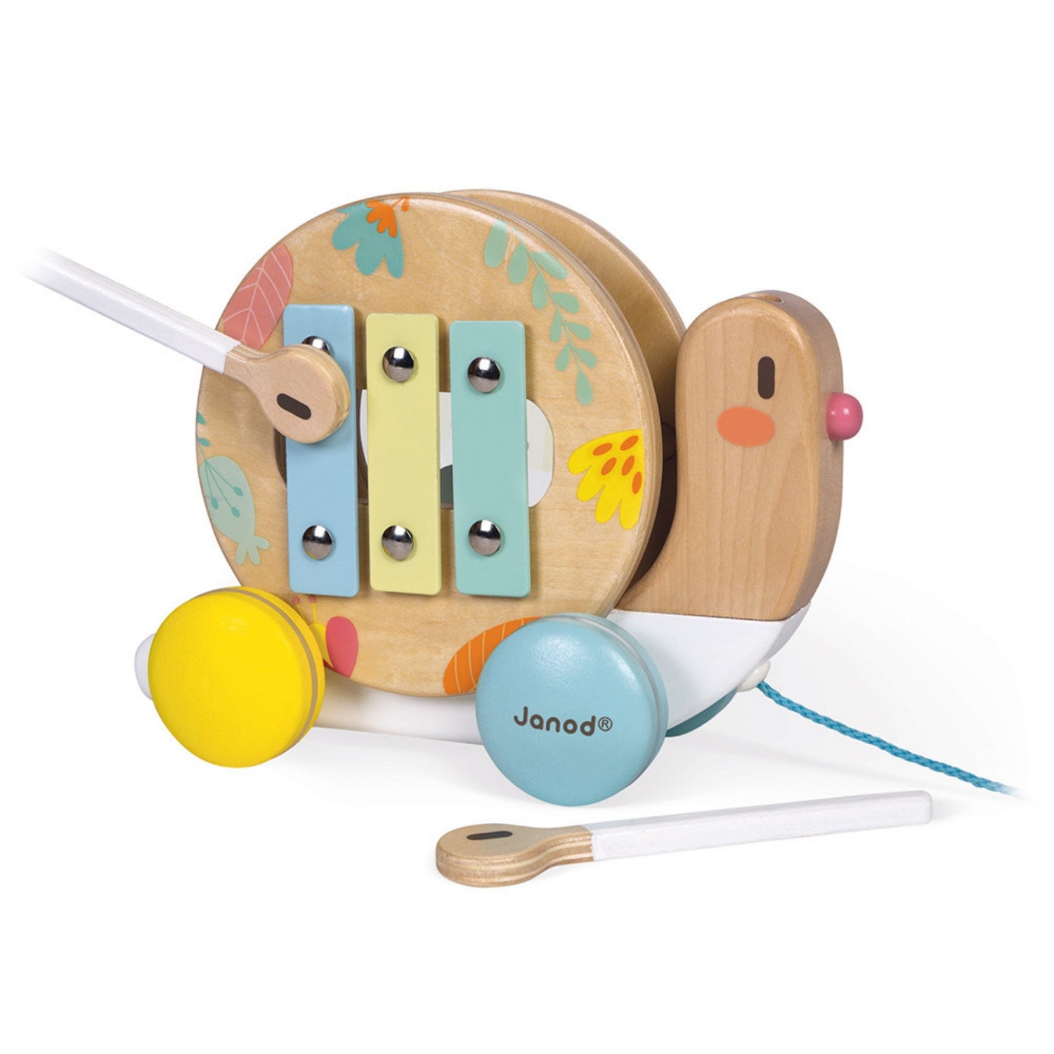 Janod Pure Pull-Along Snail | Wooden Toddler Activity Toy | Right Side View Playing Xylophone | BeoVERDE.ie