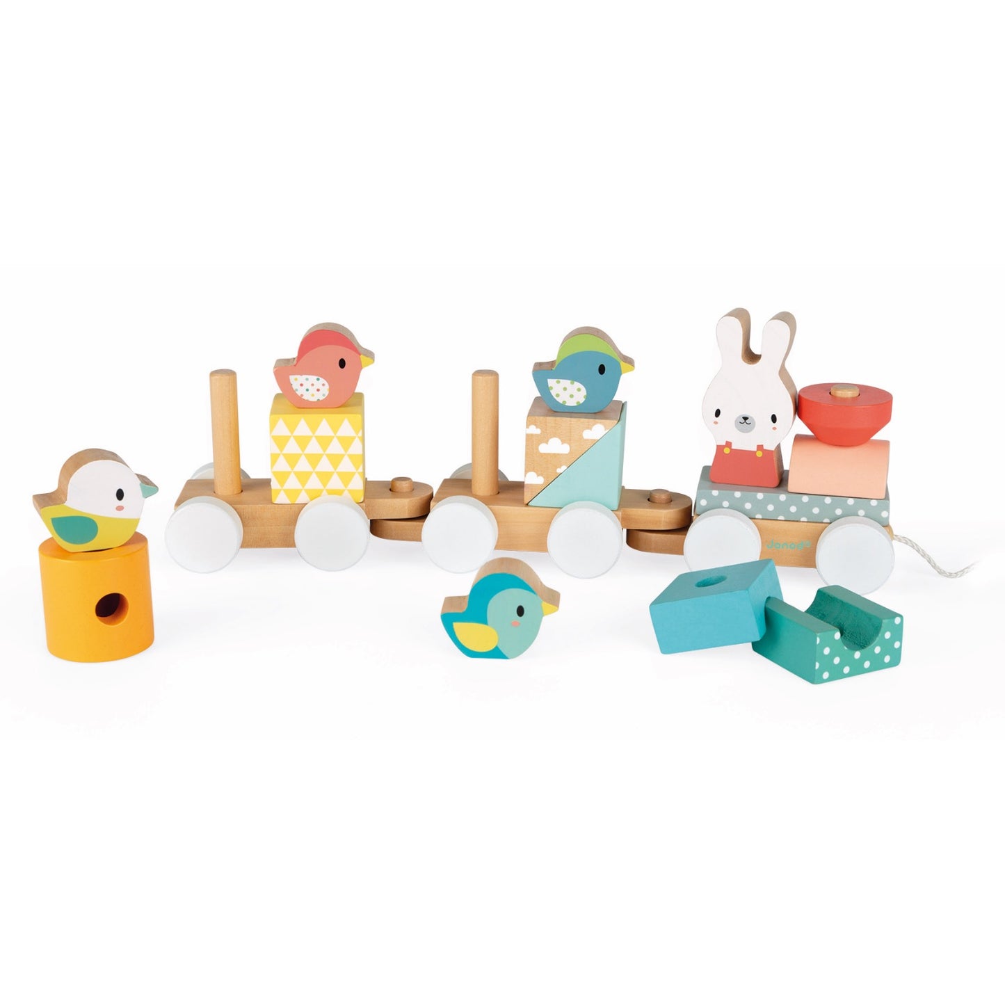 Janod Pure Wooden Train | Wooden Toddler Activity Toy | Right Side View with Blocks | BeoVERDE.ie