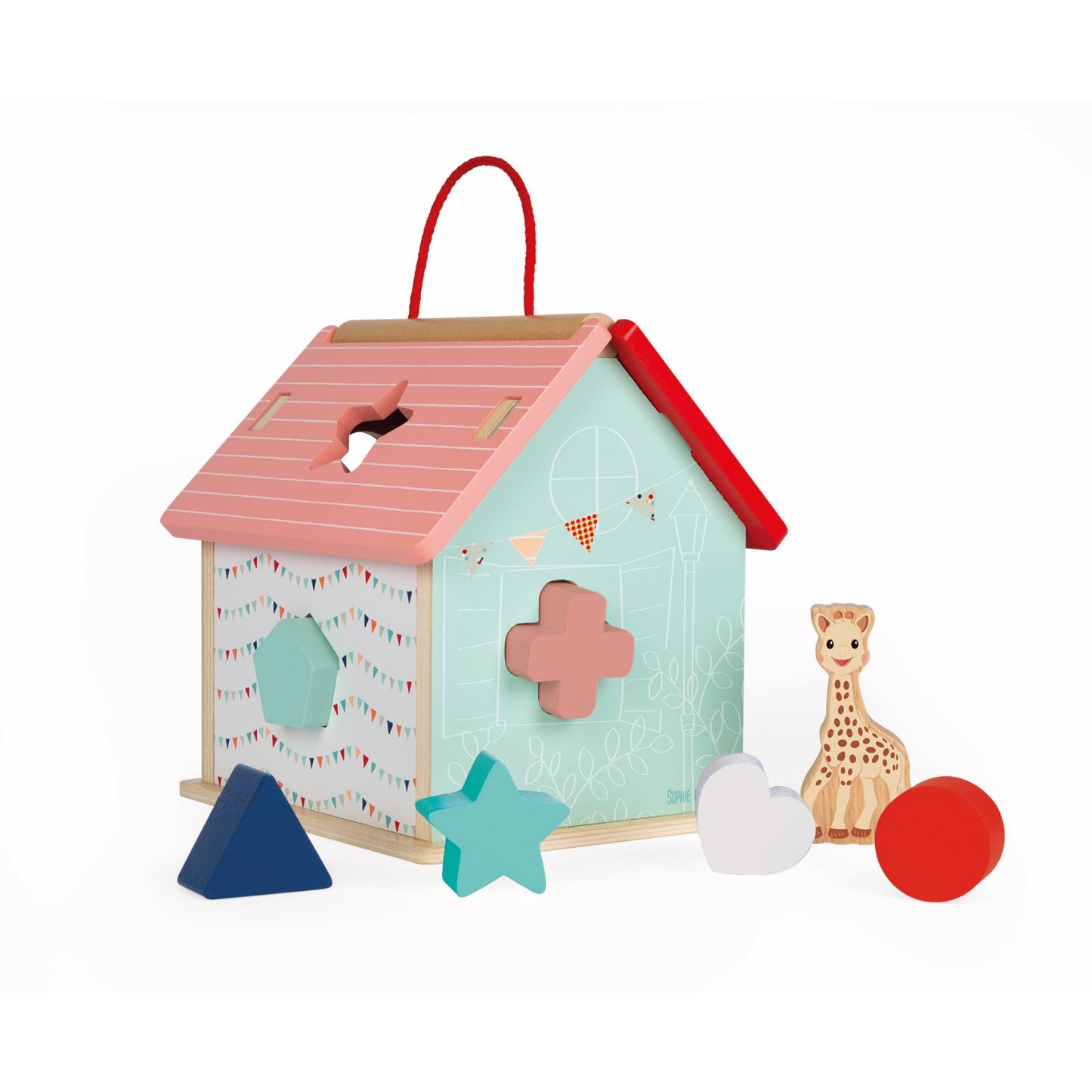 Sophie la girafe Shape Sorting House | Wooden Toddler Activity Toy | Back Left Side View | BeoVERDE.ie