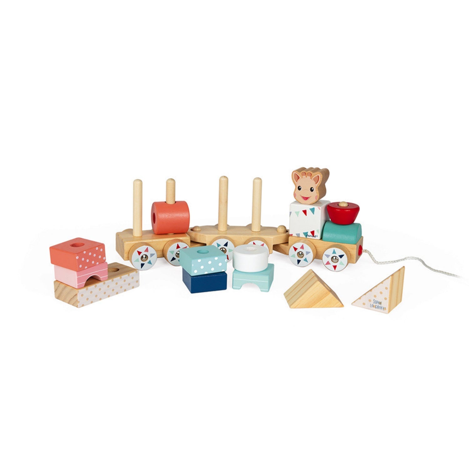 Janod Sophie la girafe Wooden Train | Wooden Toddler Activity Toy | Left Side With Partially Stacked Blocks | BeoVERDE.ie