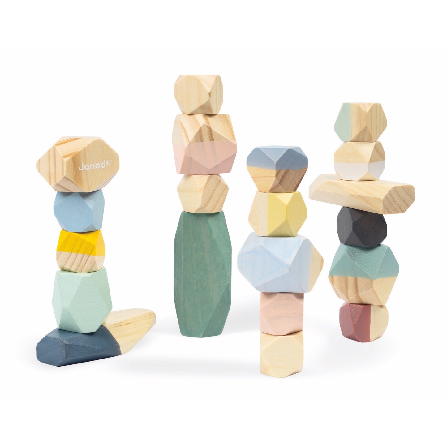 Janod Sweet Cocoon Stacking Stones | Scandi Style Wooden Toy | Front View Stones Stacked Up To Towers | BeoVERDE.ie