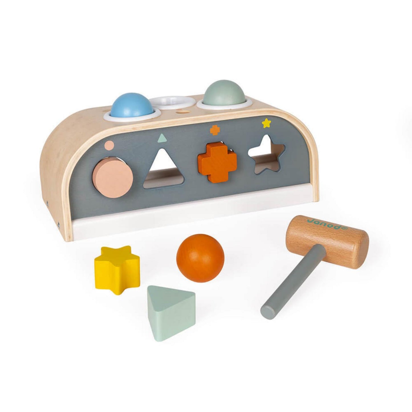 Janod Sweet Cocoon Tap Tap Shape Sorter | Scandi Style Wooden Toddler Activity Toy | Front View – Shapes and Hammer in Front | BeoVERDE.ie