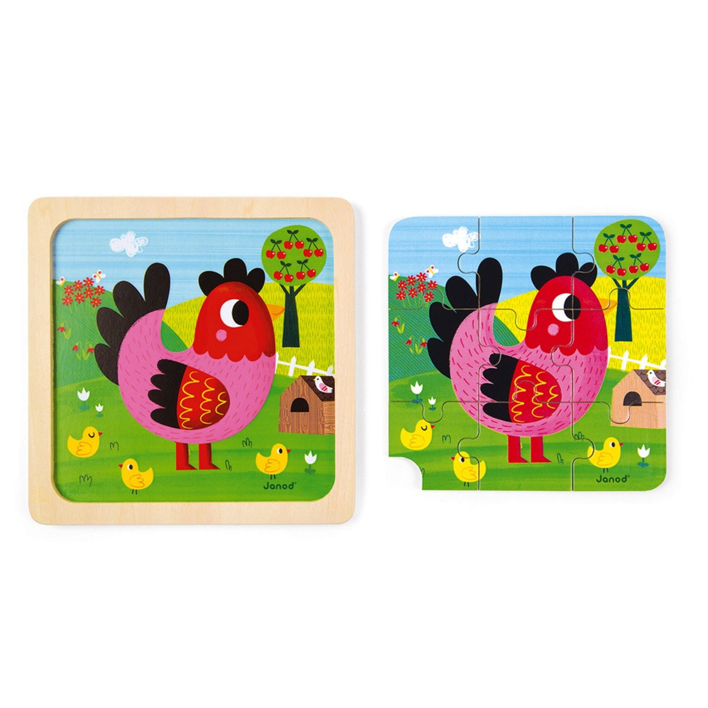 Janod Violette the Chicken Wooden Puzzle | Wooden Toddler Activity Toy | Puzzle Removed From Tray | BeoVERDE.ie